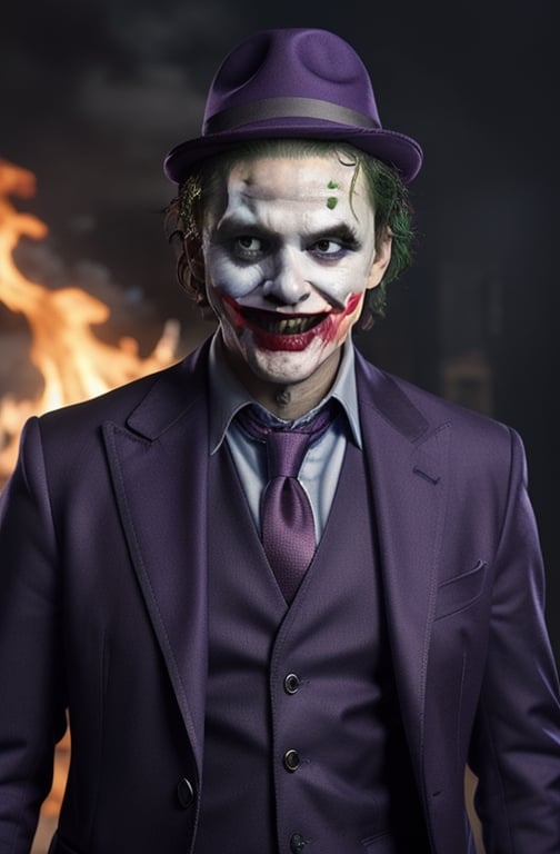 the joker ,  dc_(comics)  ,white flesh , decomposing skin ,zombie human.white skin , open mouth ,fangs, houses on fire background  ), portrait, in a suit, purple coat, long coat, purple  hat on his head,purple trousers,allblacksuit, detailed,bigbyTWAS_soul3142,monster