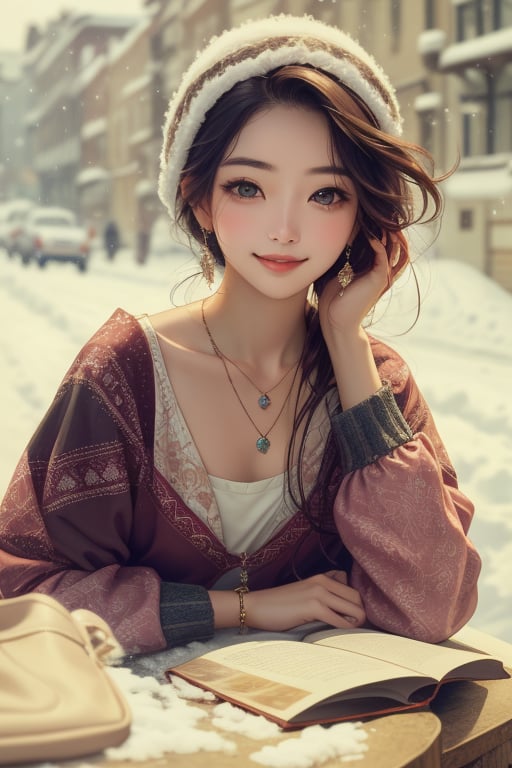 Beautiful and delicate light, (beautiful and delicate eyes), pale skin, big smile, (brown eyes), (black long hair), dreamy, medium chest, woman 1, (front shot), Korean girl, bangs, soft expression, height 170, elegance, bright smile, 8k art photo, realistic concept art, realistic, portrait, necklace, small earrings, handbag, fantasy, jewelry, shyness, skirt, winter down parka, scarf, snowy street, footprints,perfect