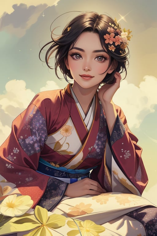 In a beautifully framed shot, a stunning Latina supermodel sits elegantly in Hanfu attire, her pure black hair mixed with vibrant tails cascading down her back. Her dark eyes sparkle as she looks directly at the audience with a gentle light smile. A custom-designed floral embroidery pattern suit adorns her body, radiating perfection. In the background, a subtle fractal art design featuring clouds and colorful accents adds depth to the scene. The subject's facial expression is relaxed yet captivating, showcasing her beauty in sharp focus. The entire image is printed with Disney-Pixar style Chromaspots, ensuring a high-resolution, 16k-quality masterpiece.