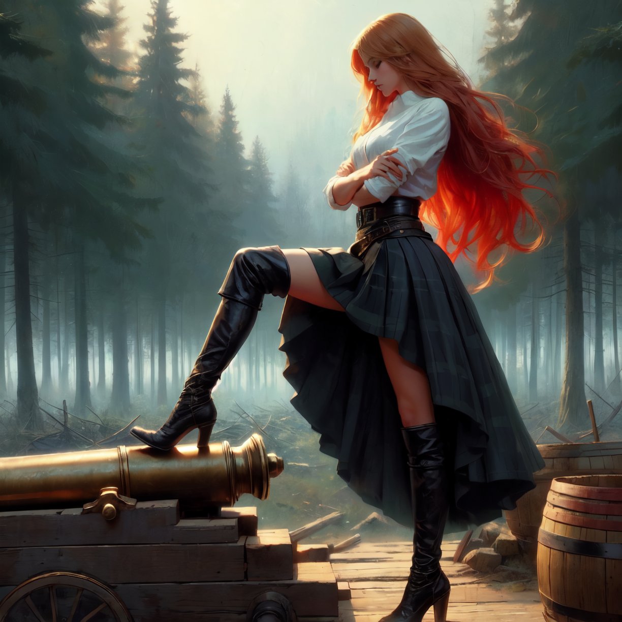 Young woman, solo, long red-blonde hair, skirt, simple background, shirt, blonde hair, high boots, leg upon a brass cannon, forest background, full body, boots, midriff, black high boots, thigh boots, crossed arms, t-shirt, realism art style, Frank Frazetta and Lorenzo Sperlonga art style