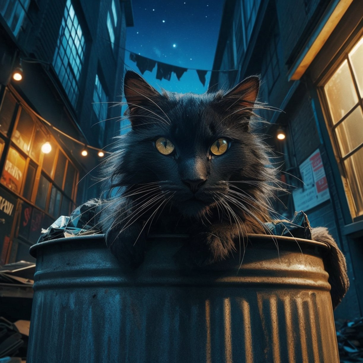 An intense dirty scrappy black cat sitting on top of a huge old metal garbage can, Hollywood lighting, behind a rundown old hippy record store in a dirty alley, dark dimly lit blue night sky with stars, dust, 8k resolution,