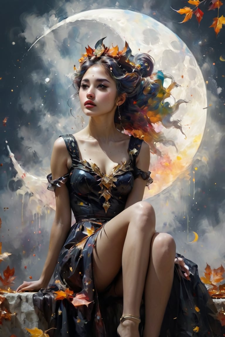 Moon Queen sitting on a crescent moon 8k resolution, swirling autumn leaves of multicolor paint splash, 8k resolution, realism impressionist anime art style, hyperrealism,