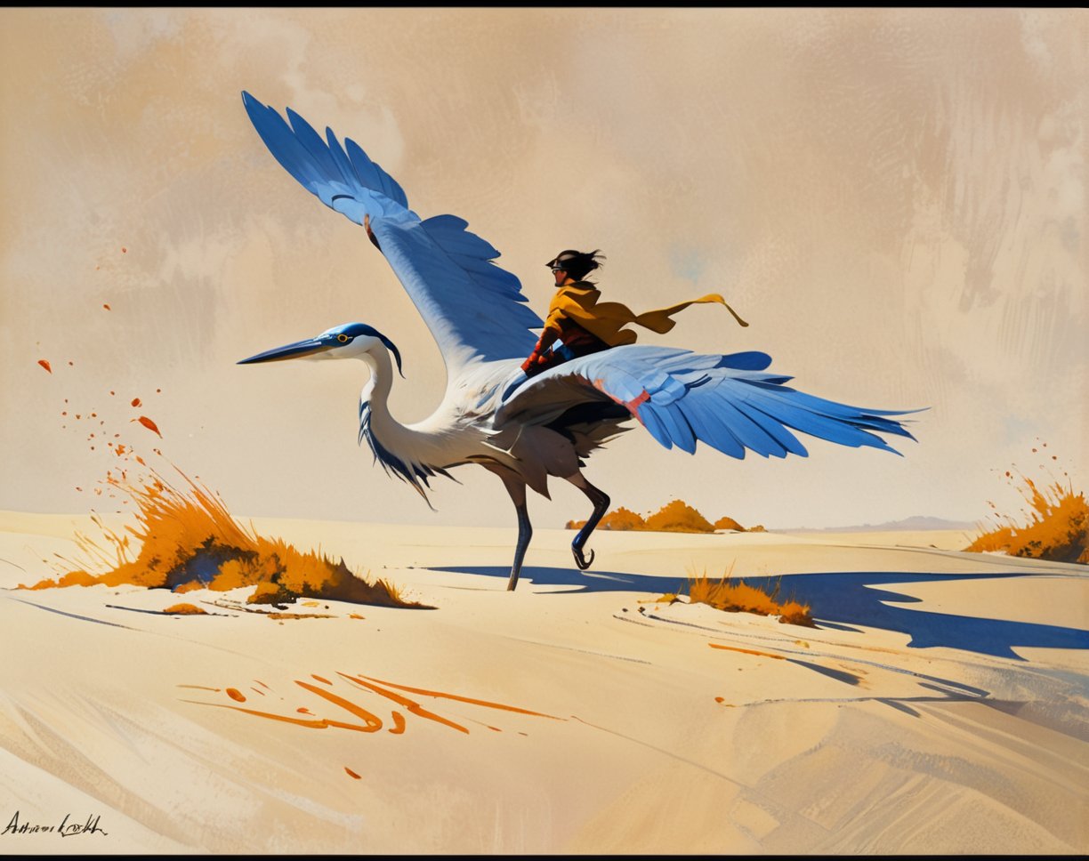 Beautiful flat desert landscape of a 3d video game vista main character riding a large tall bird similar to the great blue heron, riding a giant tall blue heron bird, the main character wears a long yellow tan  trench coat with hood and tinted goggles, endless miles of blowing sand dunes, riders in the far distance, blue skies with billowing white clouds pink tinged, blowing boiling swirling wind, blowing leaves of grass, dark yellow and azure, majestic, sweeping seascapes, photorealistic representation, graceful balance, wimmelbilder, Andrew Wyeth, orange, Leaves of Grass, Andrew Wyeth
