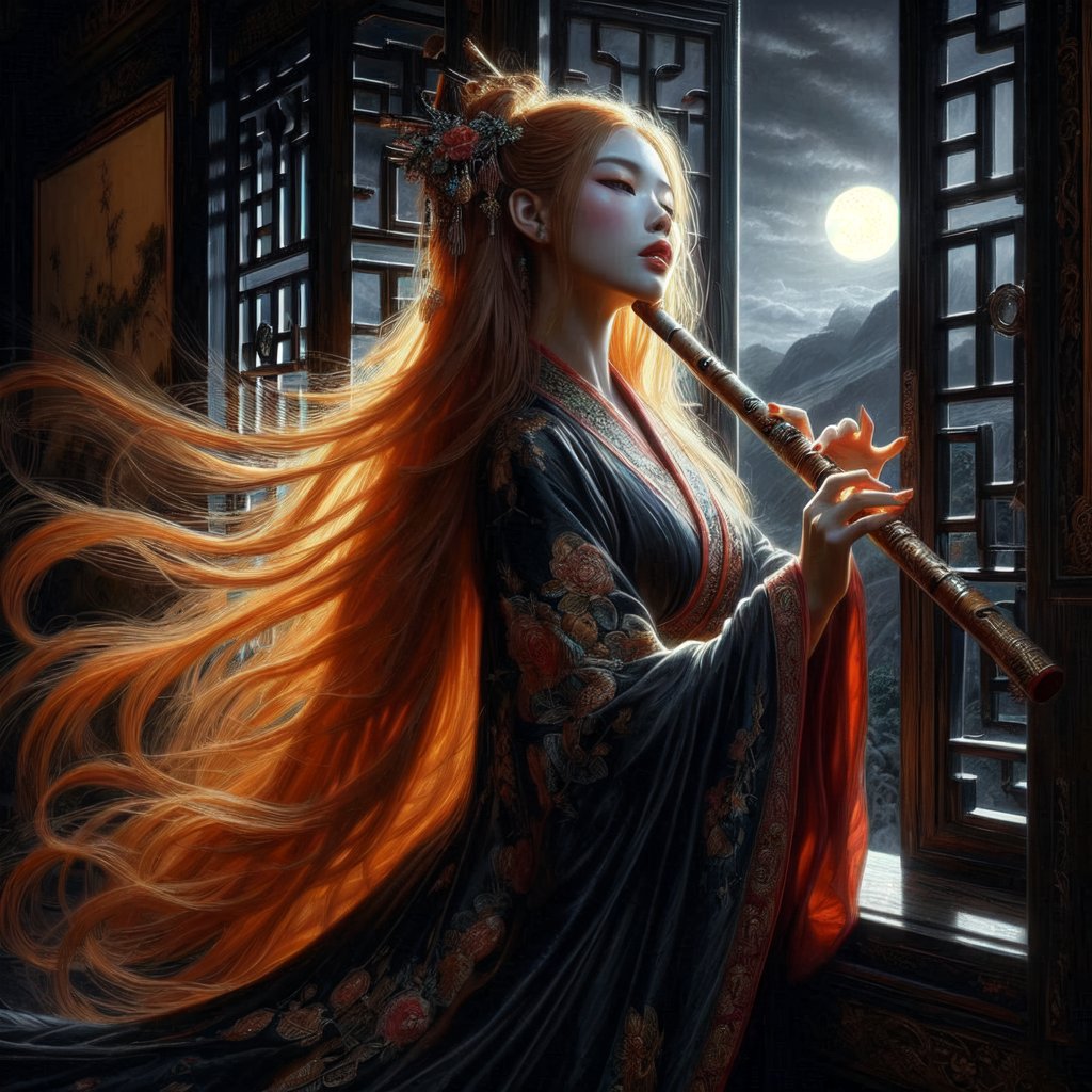 An ultra beautiful Asian woman long red-golden blonde hair, playing a ornately painted Asian flute, wearing a long black Chinese womans dressing gown, in a darkened room of moonlight streak in through the opened balcony window, Chinese garden, night sky, black ink, in the style of Caravaggio, Fan Zhongzheng, and Da Vinci, 8k resolution, hyperdetailed, photorealistic, an oil painting art style, Sfumato,
