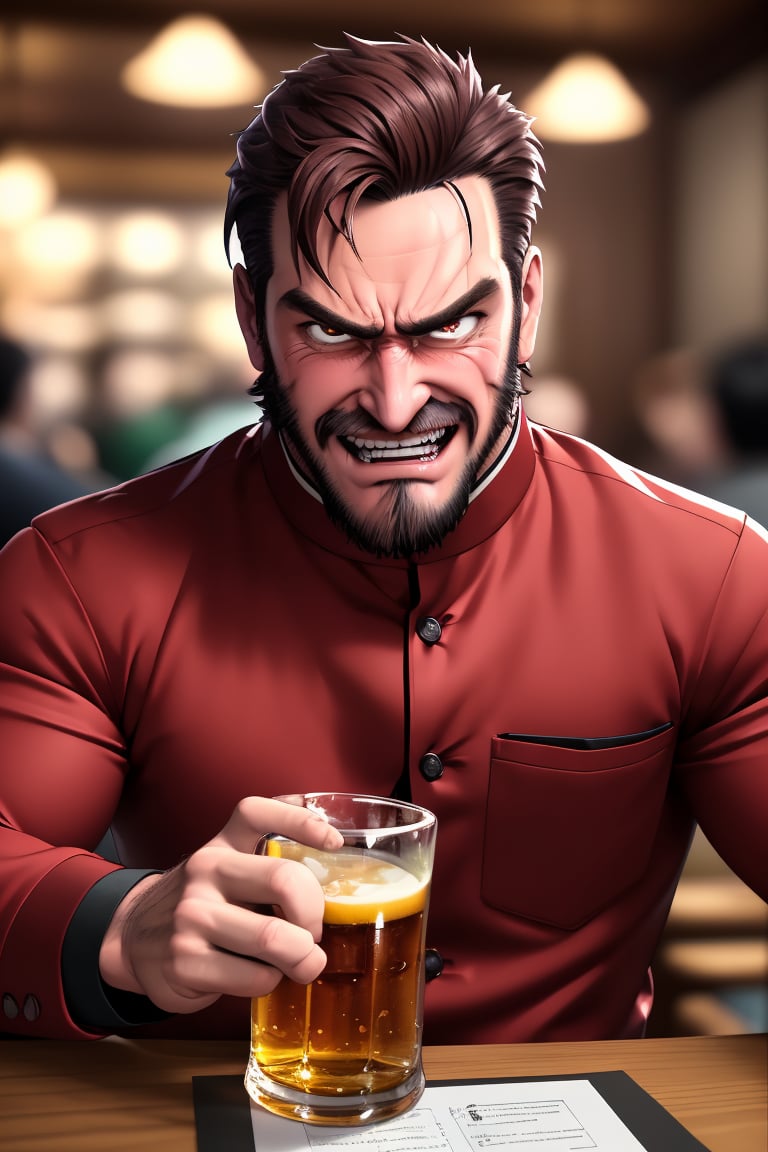 (professional 3d ANIME, cel-shading), highquality manly handsome masculine male person evilgrin while insanly drunk for fun at the table in the restaurant ,  holding BEERmug, cheering, energetic, WHISKY, SHORT MASCULINE  HAIR, mean, evil, (facialhair, blushes hard evil drunk   for fun:1.3), WEARING RENDERED FULLY-CLOTHED MALEWEAR, HE HIS HIM ONLY, impressive realistic, PERFECTLY-SHAPED MALE HANDSFINGERS MOVEMENT, truly detailed,  extremely vibrant colorful matte tones, masterpiece, inspired by real professional MALE   ACTOR, depth of field, soft focus blurring the background, male focus ,  only realistic, real, epic,  syahnk,Big Boss