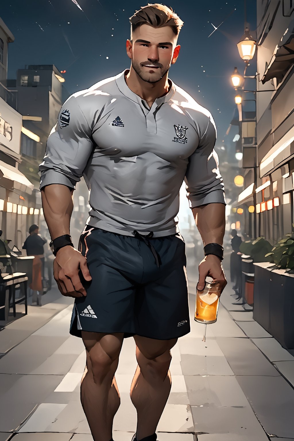 SCORE_9, SCORE_8_UP, 1BOY, MATURE MALE, SPORTSWEAR, SHIRT, SHORTS, AT THE GYM, DRINK, BLUSHES, DRUNK, MUSCULAR, SHORT HAIR, CHEERS, YATTA NE!, DROOLING FOR FUN, HANDSOME, INTRICATE EYES, MANLY MALE, 3D, CEL-SHADING, SOURCE_ANIME, RATING_QUESTIONABLE,  ,jaeggernawt