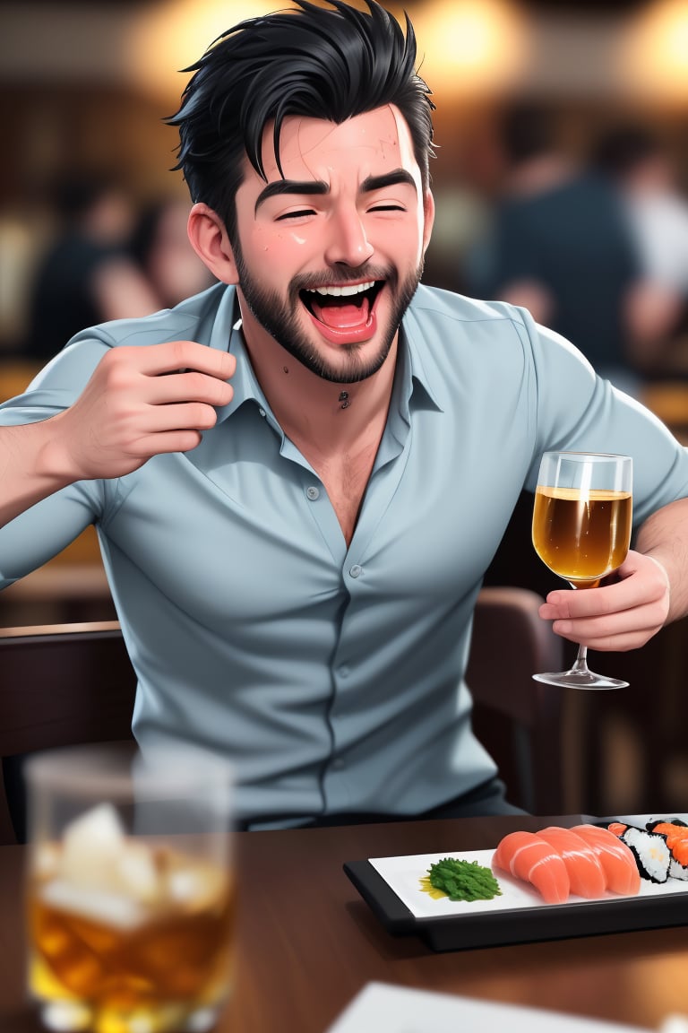 (professional 3d ANIME, cel-shading), perfectly-shaped highquality manly handsome masculine Belgian male person at the table in the restaurant ,    cheering, energetic, WHISKY on table, sushi, cheers, SHORT MASCULINE  HAIR, mean, evil, (facialhair, blushes hard insanelyhillariouslaughing (drooling) while drunk   for fun:1.3), WEARING RENDERED FULLY-CLOTHED MALEWEAR, HE HIS HIM ONLY, impressive realistic, PERFECTLY-SHAPED MALE HANDSFINGERS MOVEMENT, truly detailed,  extremely vibrant colorful matte tones, masterpiece, inspired by real professional happilydrunk hillarious MALE   ACTOR, depth of field, soft focus blurring the background, male focus ,  only realistic, real, epic,   