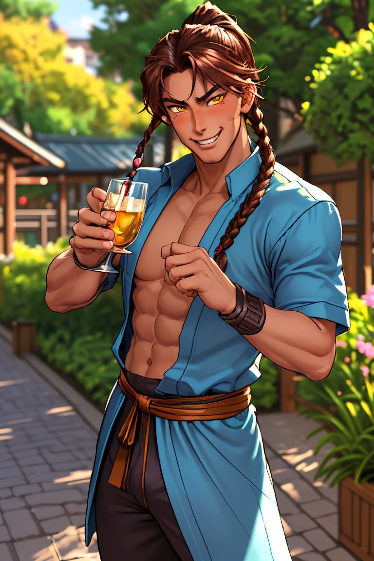 (professional 3d ANIME, cel-shading), perfectly-shaped highquality manly handsome masculine male person at the GARDENtable in the OUTDOORSrestaurant AT buzy street in japan,JEWELRY, PONYTAIL,  SYMMETRY, ACCURATE INTRICATE MALE HEAD AND FACE,     sushi, cheers, twin braids, YELLOW EYES, mean, evil, (  blushes hard EVILGRIN while drunk for fun:1.3), so cool!, WEARING RENDERED FULLY-CLOTHED MALEaladinWEAR, HE HIS HIM ONLY,  impressive realistic,  truly detailed,  extremely vibrant colorful matte tones, masterpiece, inspired by real professional happilydrunk (Zafir) MALE   ACTOR, depth of field, soft focus blurring the background, male focus ,  only realistic, real, epic,  ,Zafir,brown hair