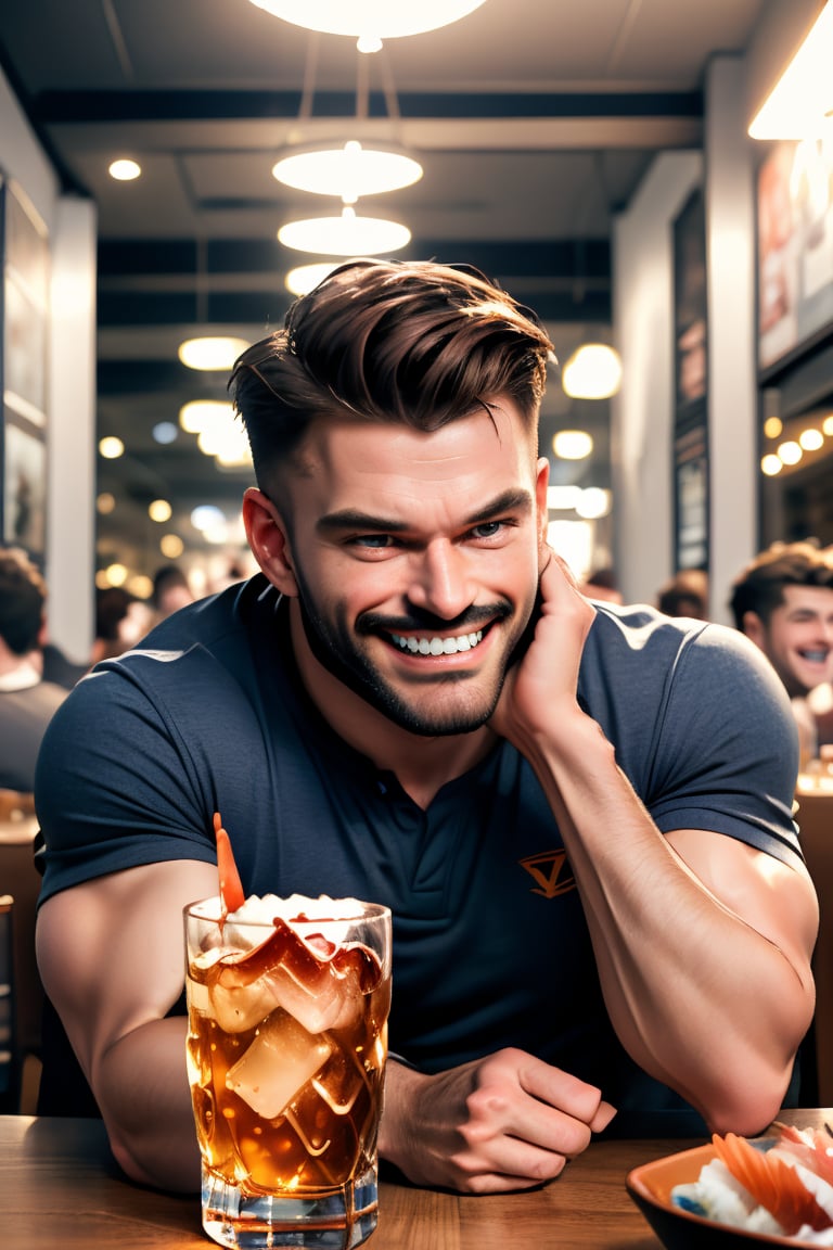 (professional 3d ANIME, cel-shading), perfectly-shaped highquality manly handsome masculine male person at the table in the restaurant ,  SYMMETRY, ACCURATE INTRICATE MALE HEAD AND FACE, cheering, energetic, WHISKY on table, sushi, cheers, SHORT MASCULINE  HAIR, MUSTACHE, FACIAL HAIR, BEARD, mean, evil, (facialhair, blushes hard EVILGRIN while drunk   for fun:1.3), WEARING RENDERED FULLY-CLOTHED MALEWEAR, HE HIS HIM ONLY, impressive realistic,  truly detailed,  extremely vibrant colorful matte tones, masterpiece, inspired by real professional happilydrunk MALE   ACTOR, depth of field, soft focus blurring the background, male focus ,  only realistic, real, epic,   ,jaeggernawt