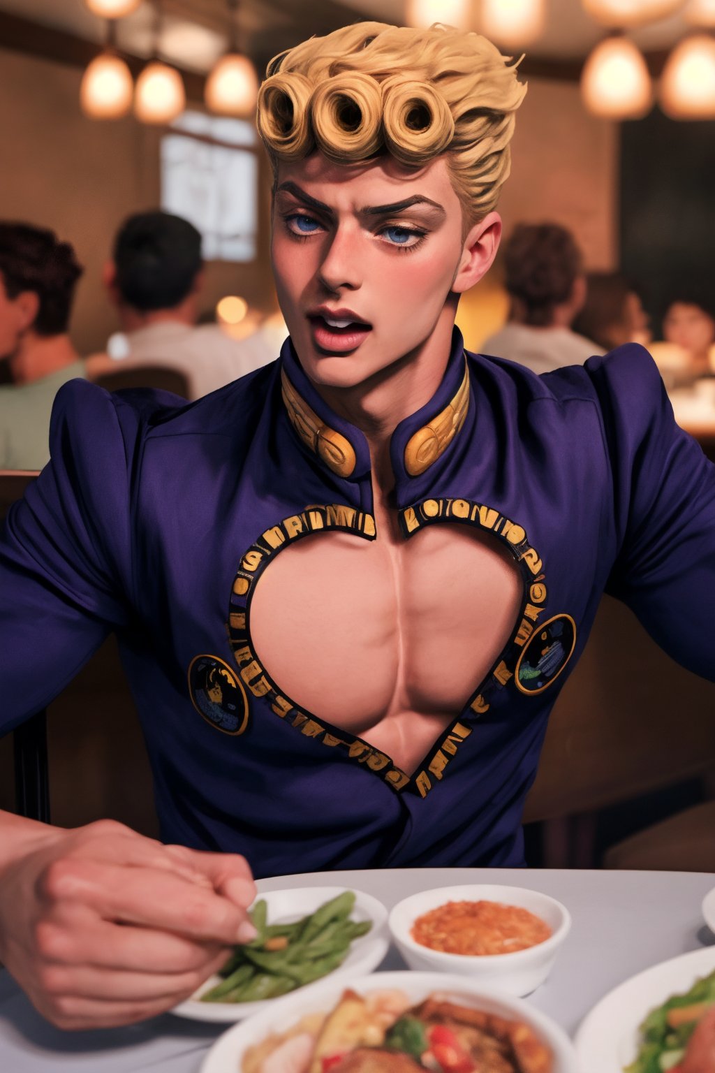 handsome fashion muscular Giorno Giovanna male person at the table in the restaurant, drooling, blushes, drunk, impressive realistic, truly detailed, mouth open, extremely vibrant colorful matte rainbow tones, masterpiece, inspired by GiornoGiovanna_\(JoJo anime\), 