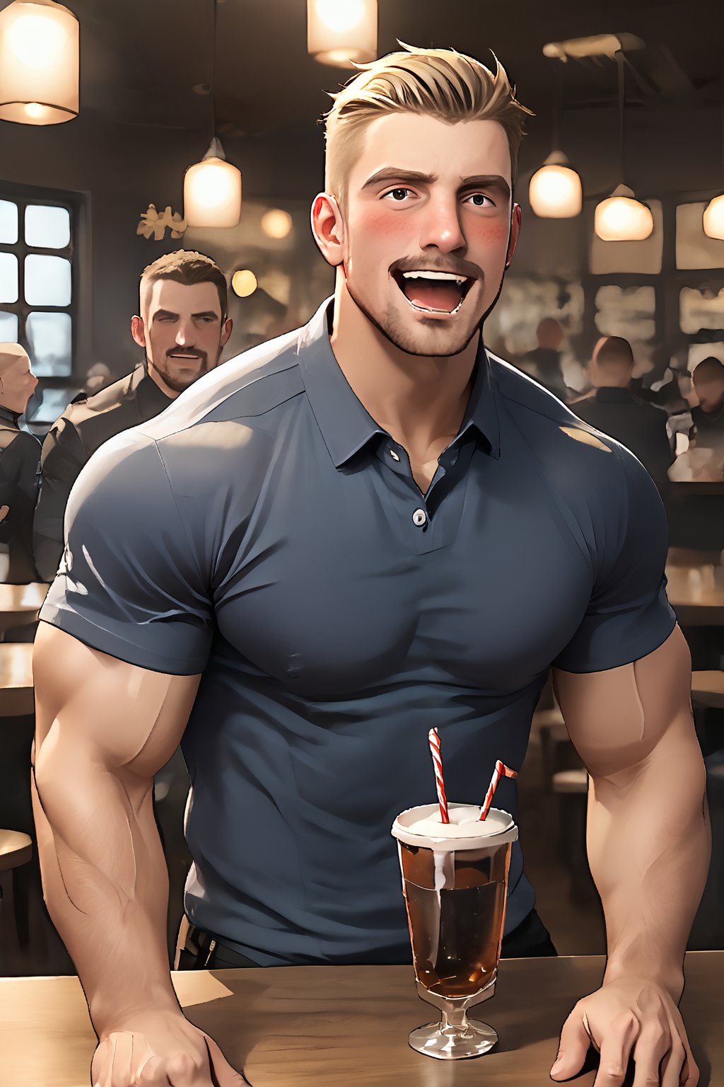 SCORE_9, SCORE_8_UP, 1BOY, MATURE MALE, FORMALWEAR, SHIRT, AT TABLE IN RESTAURANT, DRINK, BLUSHES, mouth open, insanely DRUNK for fun, MUSCULAR, SHORT HAIR, CHEERS, kampai!, DROOLING while laughing FOR FUN, HANDSOME, INTRICATE EYES, MANLY MALE, 3D, CEL-SHADING, SOURCE_ANIME, RATING_QUESTIONABLE, ,r0bbi3r0bbi3
