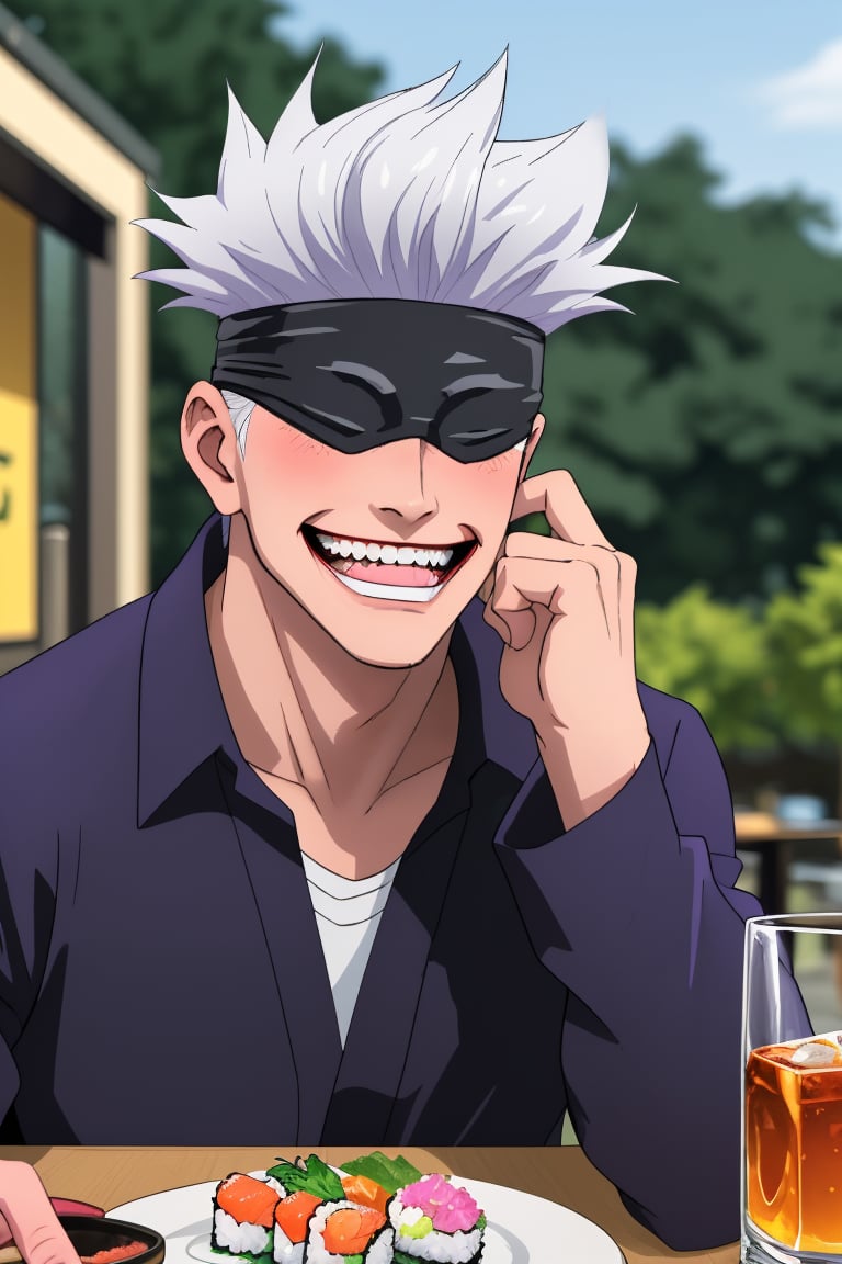 (professional 3d ANIME, cel-shading), perfectly-shaped highquality manly handsome masculine male person at the GARDENtable in the OUTDOORSrestaurant on the urban street in buzy street in japan, blindfold ON,  SYMMETRY, ACCURATE INTRICATE MALE HEAD AND FACE,   WHITE HAIR,  WHISKY on table, sushi, cheers, SHORT MASCULINE HAIR, mean, evil, (  blushes hard EVILGRIN while drunk for fun:1.3), so cool!, WEARING RENDERED FULLY-CLOTHED MALEWEAR, HE HIS HIM ONLY,  impressive realistic,  truly detailed,  extremely vibrant colorful matte tones, masterpiece, inspired by real professional happilydrunk ( Gojo Satoru) MALE   ACTOR, depth of field, soft focus blurring the background, male focus ,  only realistic, real, epic,  ,