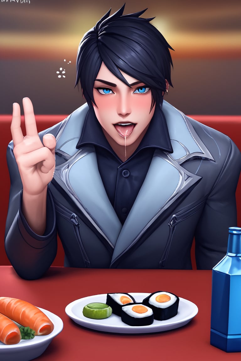 score_9, score_8_up, a man, short hair, brown facial hair, masculine , prominent cheekbones, mature male, APHELIOS, cheers!, at the table  in the restaurant, leather jacket, fully-clothed, manly , 日本酒 , 清酒, sushi, kanpai!,  (very drunk while blushing and mouth open crazily 🤤drool for fun at viewer:1.3),    striking blue eyes,  realistic, source_retarded, league of legends, 3d, rating_questionable, cel-shading, unreal engine, Aphelios, Black Hair