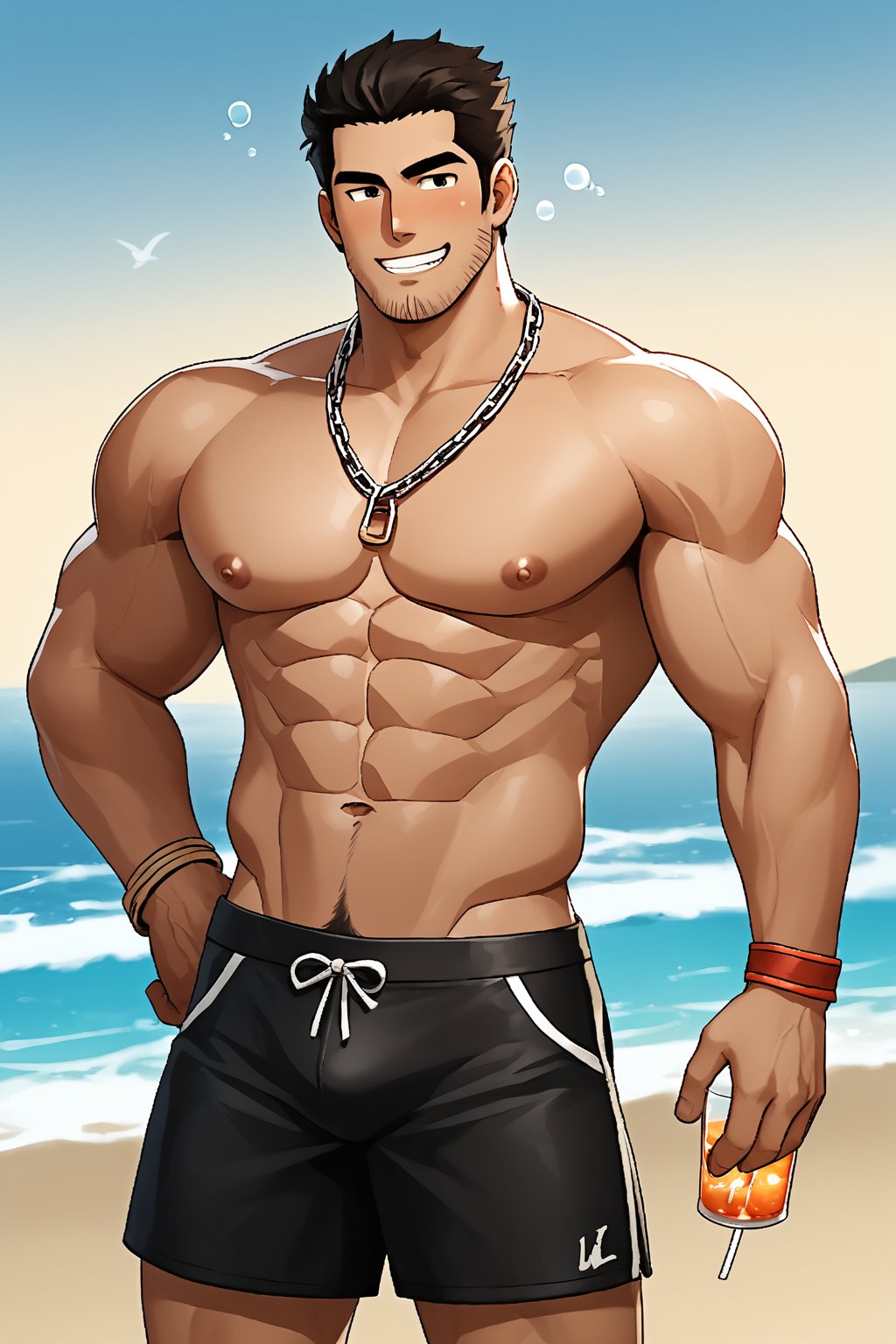 SCORE_9, SCORE_8_UP, 1BOY, MATURE MALE, MALE BEACHSHORTS ON, NECKCHAIN, OUTDOORS AT BEACH BAR, SKY, DRINK, BLUSHES, DRUNK, MUSCULAR, SHORT HAIR, CHEERS, BUBBLES, TRULYEVIL GRIN FOR FUN, HANDSOME, INTRICATE EYES, MANLY MALE, 3D, CEL-SHADING, SOURCE_ANIME, BEACH, OCEAN, VIVID, ALIVE, RATING_QUESTIONABLE, RATING_VERYRETARDED ,Lucas_Lee