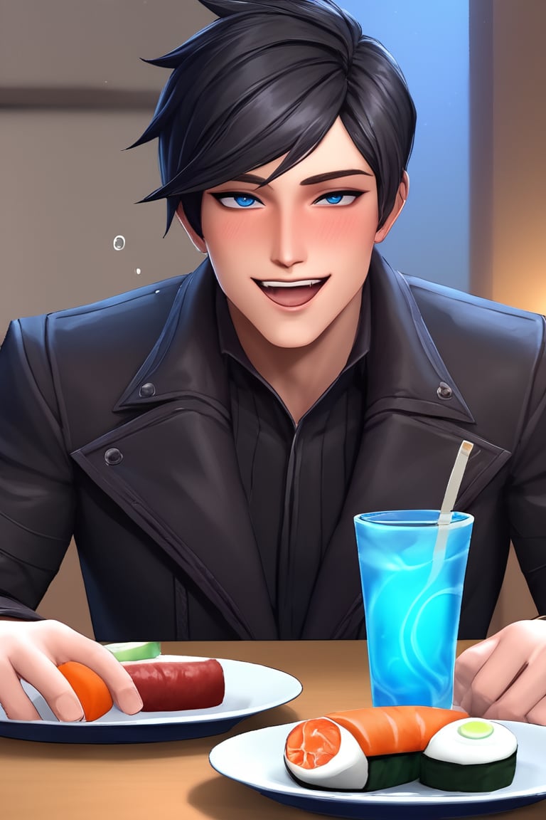 score_9, score_8_up, a man, short hair, brown facial hair, masculine , prominent cheekbones, mature male, APHELIOS, cheers!, at the table  in the restaurant, leather jacket, fully-clothed, manly , 日本酒 , 清酒, sushi, kanpai!,  (very drunk while blushing and mouth open crazily laughing for fun at viewer:1.3),    striking blue eyes,  realistic, source_retarded, league of legends, 3d, rating_questionable, cel-shading, unreal engine, Aphelios, Black Hair