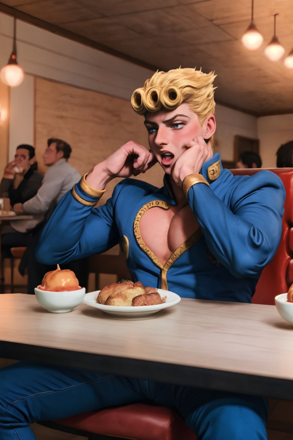 handsome fashion muscular Giorno Giovanna male person at the table in the restaurant, drooling, blushes, (visibly drunk for fun:1.3), impressive realistic, truly detailed, mouth open, extremely vibrant colorful matte rainbow tones, masterpiece, inspired by GiornoGiovanna_\(JoJo anime\), 