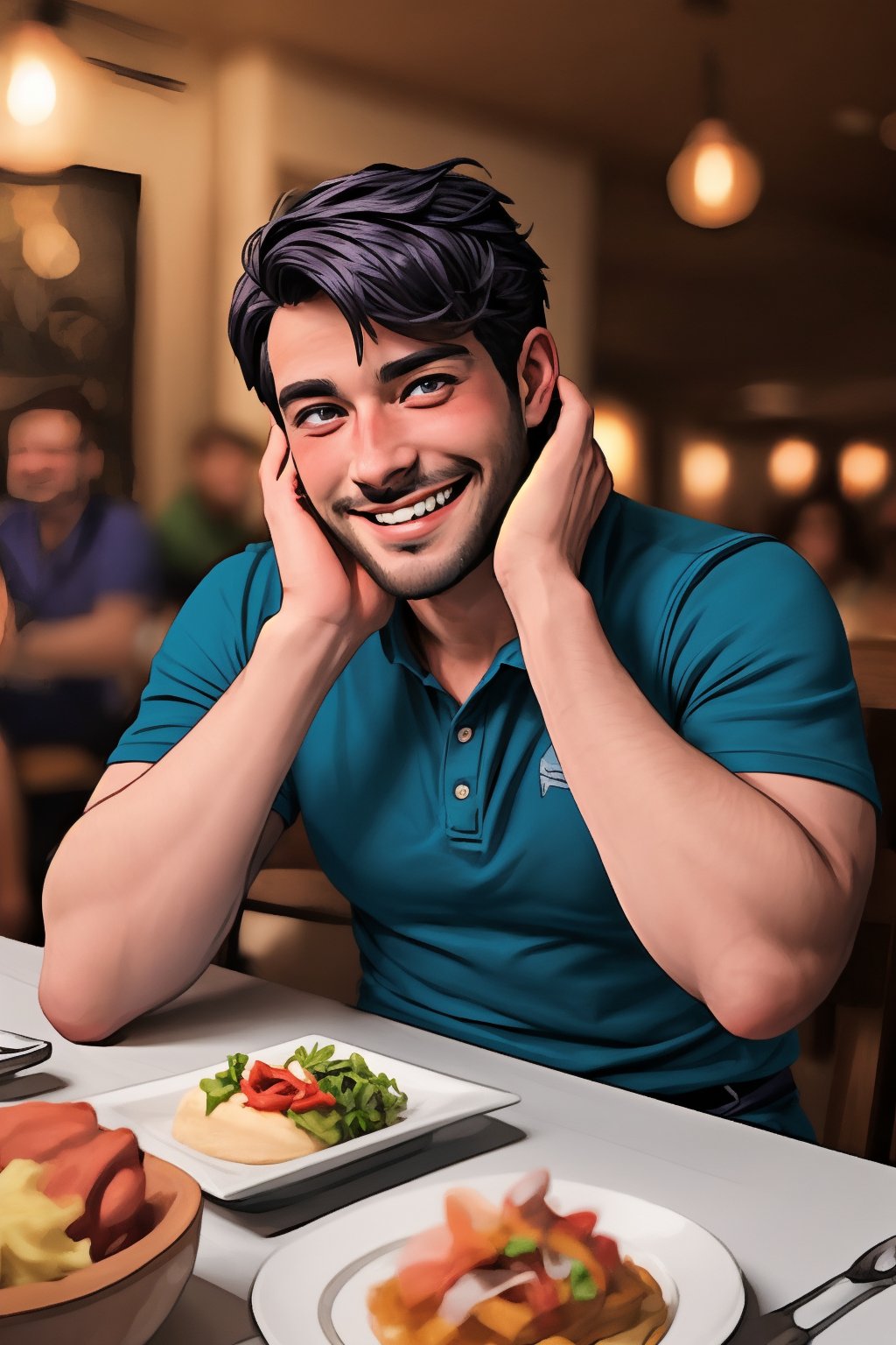 handsome masculine male person EVIL GRIN face while insanly drunk for fun at the table in the restaurant , DARK BLUE HAIR, STYLISH, (facialhair, blushes hard visibly drunk evil GRIN for fun:1.3), WEARING RENDERED FULLY-CLOTHED, impressive realistic, truly detailed,  extremely vibrant colorful matte rainbow tones, masterpiece, inspired by SHANE_\(STARDEW VALLEY realistic MOVIE\) MALE   ACTOR, depth of field, soft focus blurring the background, male focus , (SHANE SDV)