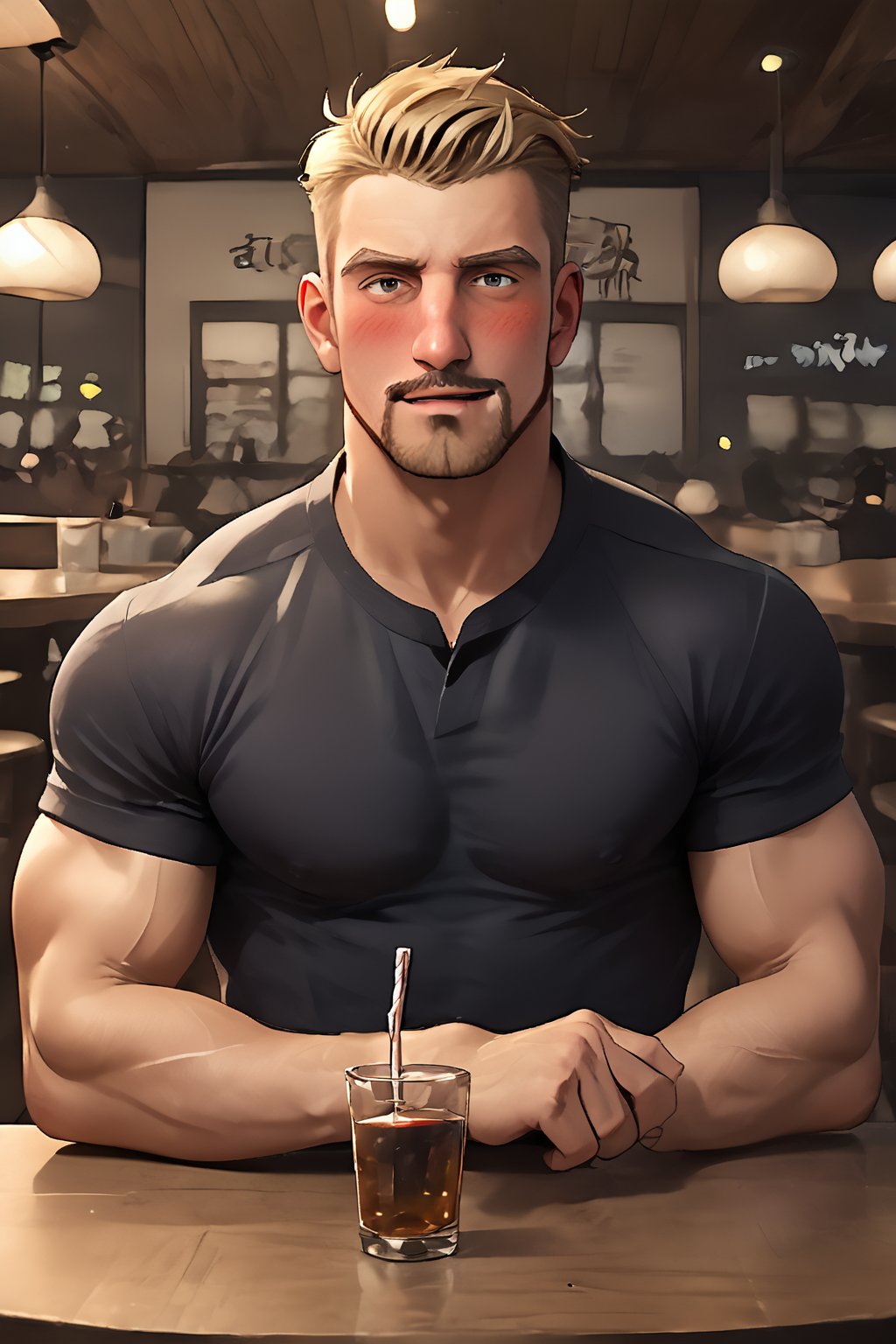 SCORE_9, SCORE_8_UP, 1BOY, MATURE MALE, FORMALWEAR, SHIRT, AT TABLE IN RESTAURANT, DRINK, BLUSHES, DRUNK, MUSCULAR, SHORT HAIR, CHEERS, YATTA NE!, DROOLING FOR FUN, HANDSOME, INTRICATE EYES, MANLY MALE, 3D, CEL-SHADING, SOURCE_ANIME, RATING_QUESTIONABLE, ,r0bbi3r0bbi3