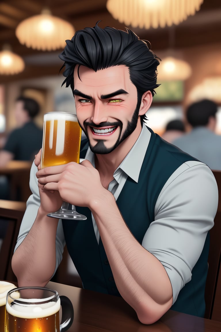 (professional 3d ANIME, cel-shading), highquality manly handsome masculine Belgian male person evilgrin while insanly drunk for fun at the table in the restaurant ,  holding BEERmug, cheering, energetic, WHISKY, SHORT MASCULINE  HAIR, mean, evil, (facialhair, blushes hard evil drunk   for fun:1.3), WEARING RENDERED FULLY-CLOTHED MALEWEAR, HE HIS HIM ONLY, impressive realistic, PERFECTLY-SHAPED MALE HANDSFINGERS MOVEMENT, truly detailed,  extremely vibrant colorful matte tones, masterpiece, inspired by real professional MALE   ACTOR, depth of field, soft focus blurring the background, male focus ,  only realistic, real, epic,   