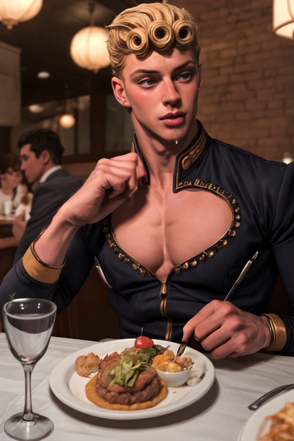 handsome fashion muscular 
Giorno Giovanna male person at the table in the restaurant, drooling, blushes, drunk, impressive realistic, truly detailed, masterpiece
