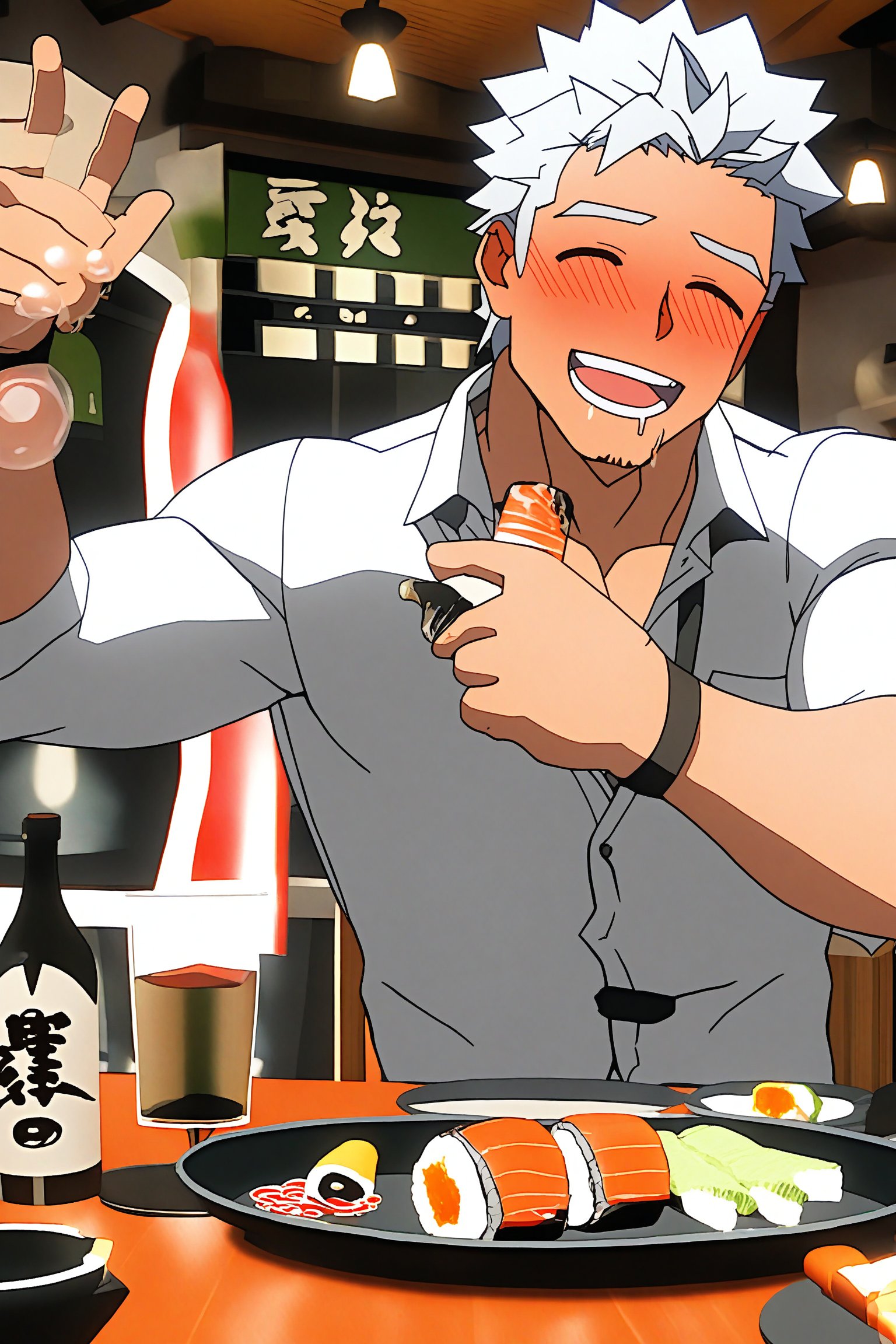 score_9, 1boy, male Archer_\(Fate_UBW\), bara, source_anime, UFOTable, grey hair, sitting at the table, restaurant, 清酒, 日本酒, (visibly drunk, insanely laughing while 🤤 drooling for fun, blushes:1.2), bubbles, sushi, soft-focused restaurant background, blushing, cel-shading, 3d anime, 
