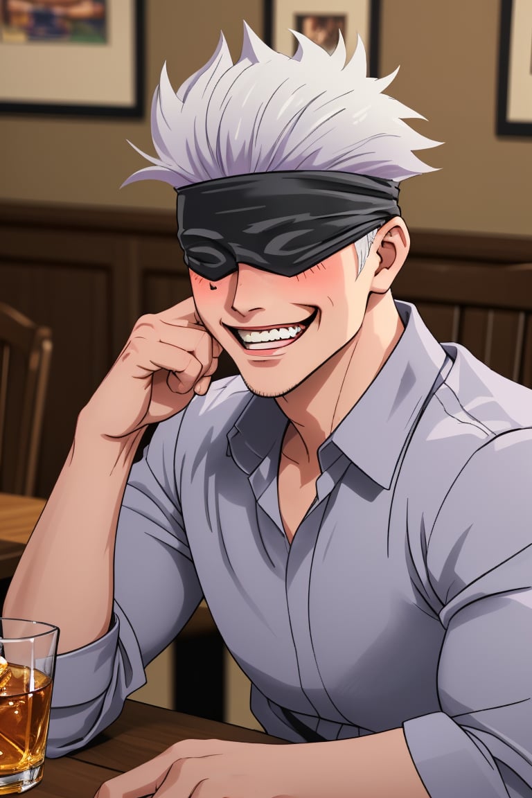 (professional 3d ANIME, cel-shading), perfectly-shaped highquality manly handsome masculine male person at the table in the restaurant , blindfold ON,  SYMMETRY, ACCURATE INTRICATE MALE HEAD AND FACE,   WHITE HAIR,  WHISKY on table, sushi, cheers, SHORT MASCULINE HAIR, mean, evil, (  blushes hard EVILGRIN while drunk for fun:1.3), so cool!, WEARING RENDERED FULLY-CLOTHED MALEWEAR, HE HIS HIM ONLY, impressive realistic,  truly detailed,  extremely vibrant colorful matte tones, masterpiece, inspired by real professional happilydrunk ( Gojo Satoru) MALE   ACTOR, depth of field, soft focus blurring the background, male focus ,  only realistic, real, epic,  ,