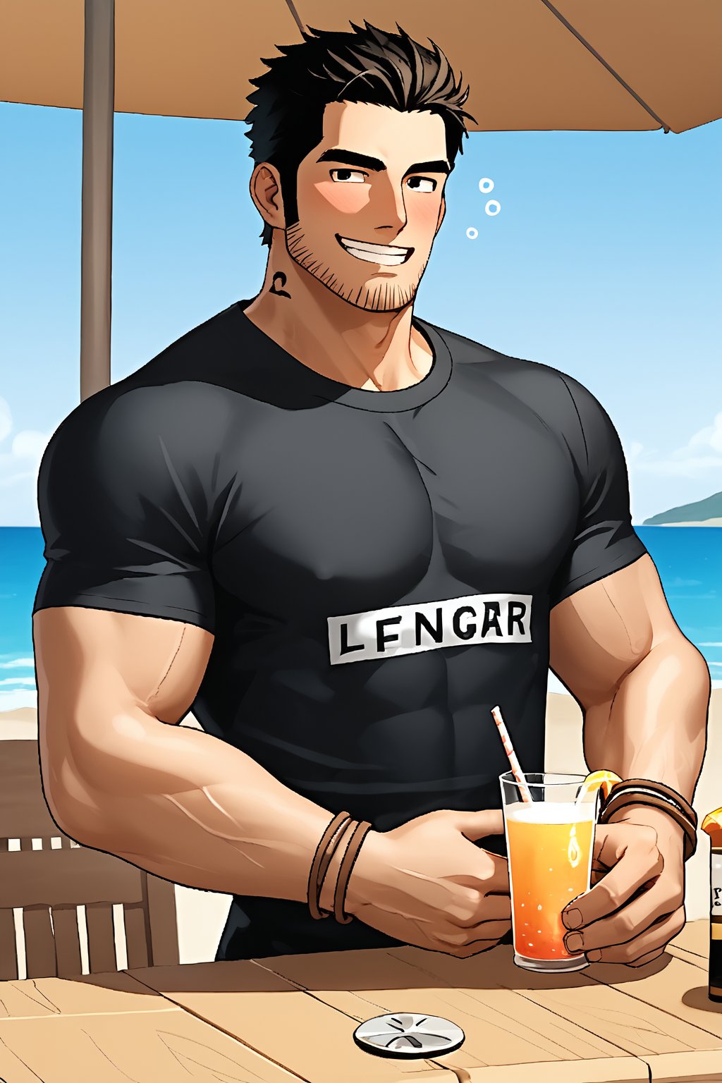 SCORE_9, SCORE_8_UP, 1BOY, MATURE MALE, FORMALWEAR, SHIRT, AT TABLE OUTDOORS AT BEACH BAR, SKY, DRINK, BLUSHES, DRUNK, MUSCULAR, SHORT HAIR, CHEERS, YATTA NE!, TRULYEVIL GRIN FOR FUN, HANDSOME, INTRICATE EYES, MANLY MALE, 3D, CEL-SHADING, SOURCE_ANIME, BEACH, OCEAN, VIVID, ALIVE, RATING_QUESTIONABLE, RATING_VERYRETARDED ,Lucas_Lee