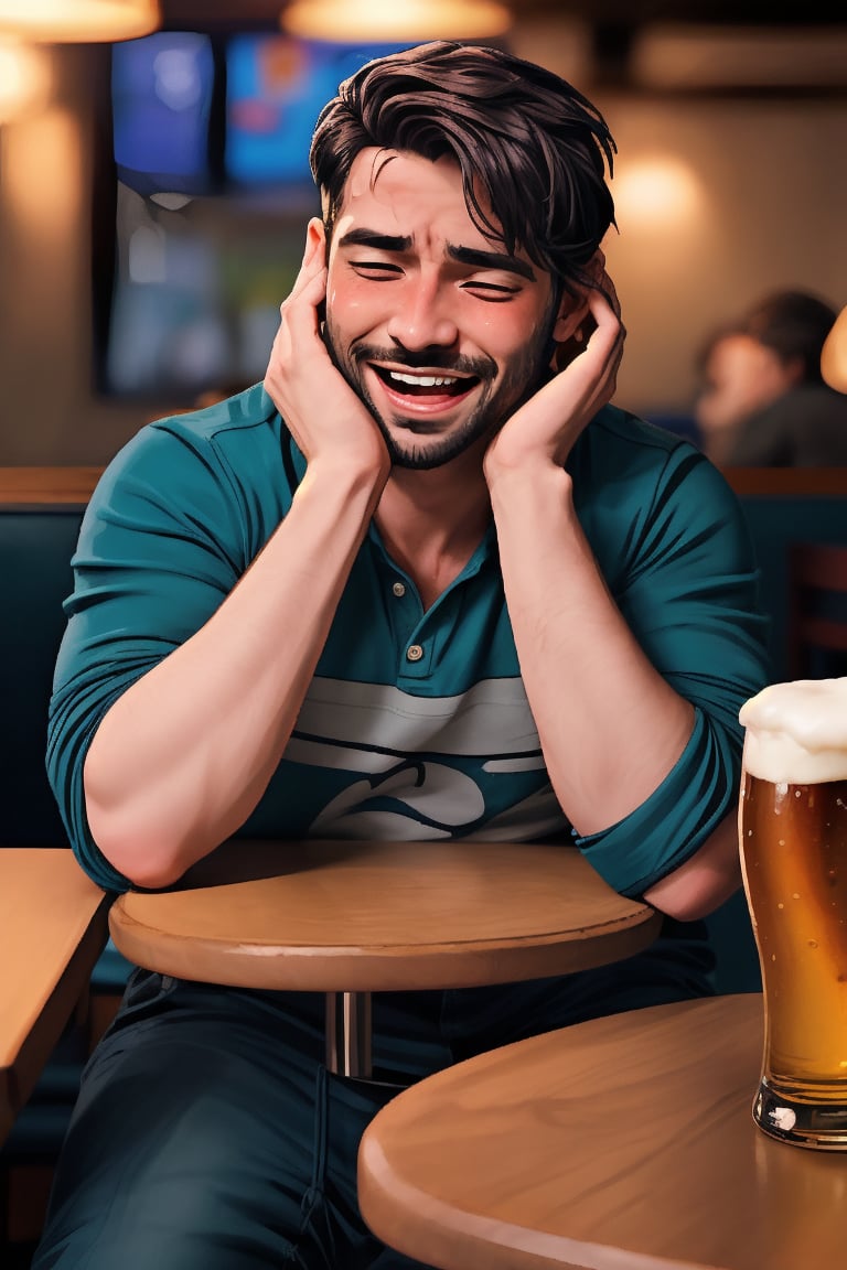 handsome masculine male person CRAZILY LAUGHING while insanly drunk DROOLING for fun at the table in the restaurant , BEER, WHISKY, DARK BLUE HAIR, KAMPAI!, (facialhair, blushes hard DROOLING visibly drunk   for fun:1.3), WEARING RENDERED FULLY-CLOTHED, impressive realistic, truly detailed,  extremely vibrant colorful matte rainbow tones, masterpiece, inspired by SHANE_\(STARDEW VALLEY realistic MOVIE\) MALE   ACTOR, depth of field, soft focus blurring the background, male focus , (SHANE SDV)