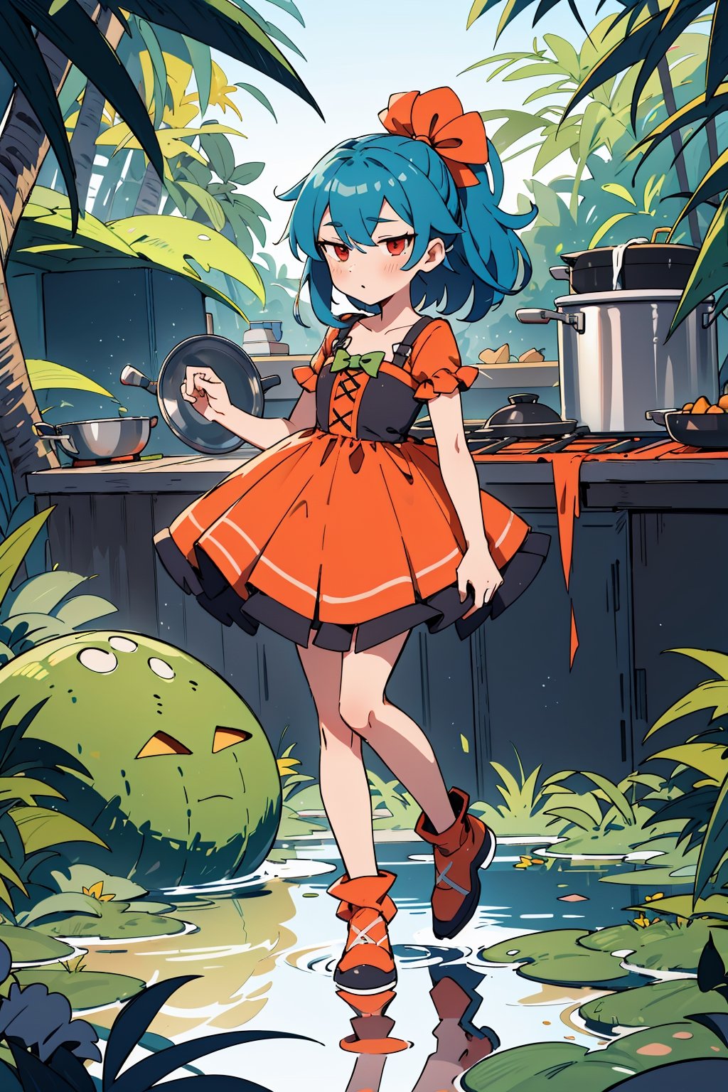 (absurdres, highres, ultra detailed, perfect anatomy:1.2), anime, fullbody, red fluffy dress, halloween, BREAK
1girl, solo, flat chest, (red eyes:1.1), (jungle:1.2), (swamp monster:1.2), (cooking:1.2), 