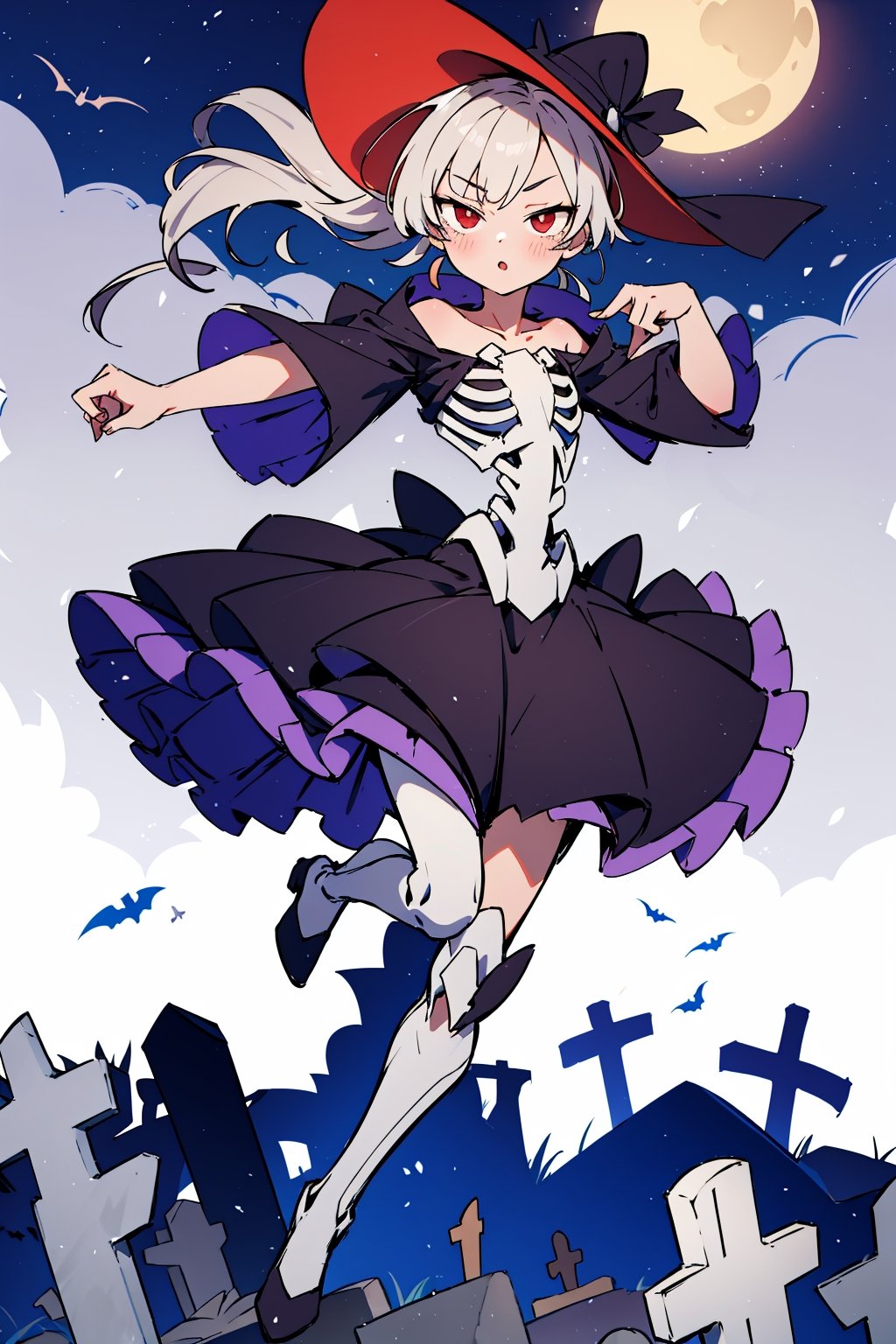 (absurdres, highres, ultra detailed, perfect anatomy:1.2), anime, fullbody, halloween, BREAK
1girl, solo, flat chest, (red eyes:1.1), (cemetery:1.3), (skeleton cosplay:1), (dancing)