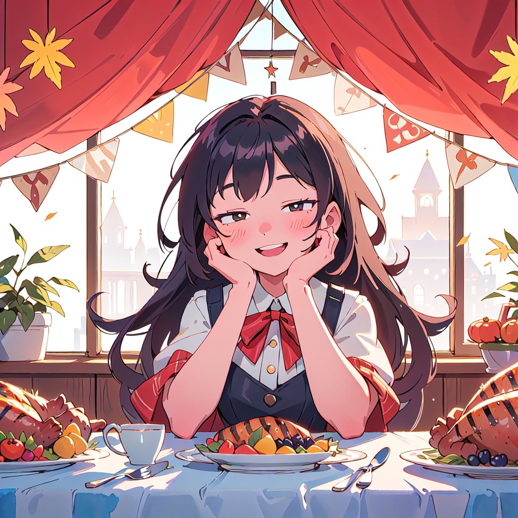 "Thanksgiving 2023: A Girl Filled with Joy".
This watercolor-style piece showcases a warm autumn color palette with golden accents to evoke a festive atmosphere.
At the center is a young girl with long black hair, her face beaming with a smile as she strikes a celebratory pose with her arms wide open. BREAK
Her dress, adorned with (grilled turkey:1.4) and maple leaf motifs, evokes the traditional attire of Thanksgiving. In the background, a table set for a Thanksgiving feast is surrounded by family and friends, complete with (turkey:1.4), and other festive foods and decorations. Autumn leaves and candles adorn the table, and those around her also wear happy smiles. BREAK
The soft lighting creates a warm, homely atmosphere. This artwork is imbued with symbolic motifs of gratitude, family bonds, and the joy of harvest, spreading a light and joyful energy throughout.