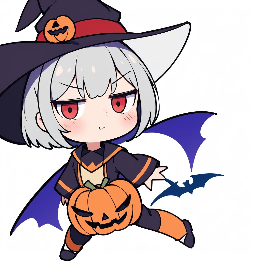 (white background, absurdres, highres, ultra detailed, perfect anatomy:1.2), anime, fullbody, halloween, BREAK
(1girl:1.2), chibi, solo, flat chest, waved hair, silver hair, bob hair, (red eyes:1.1)