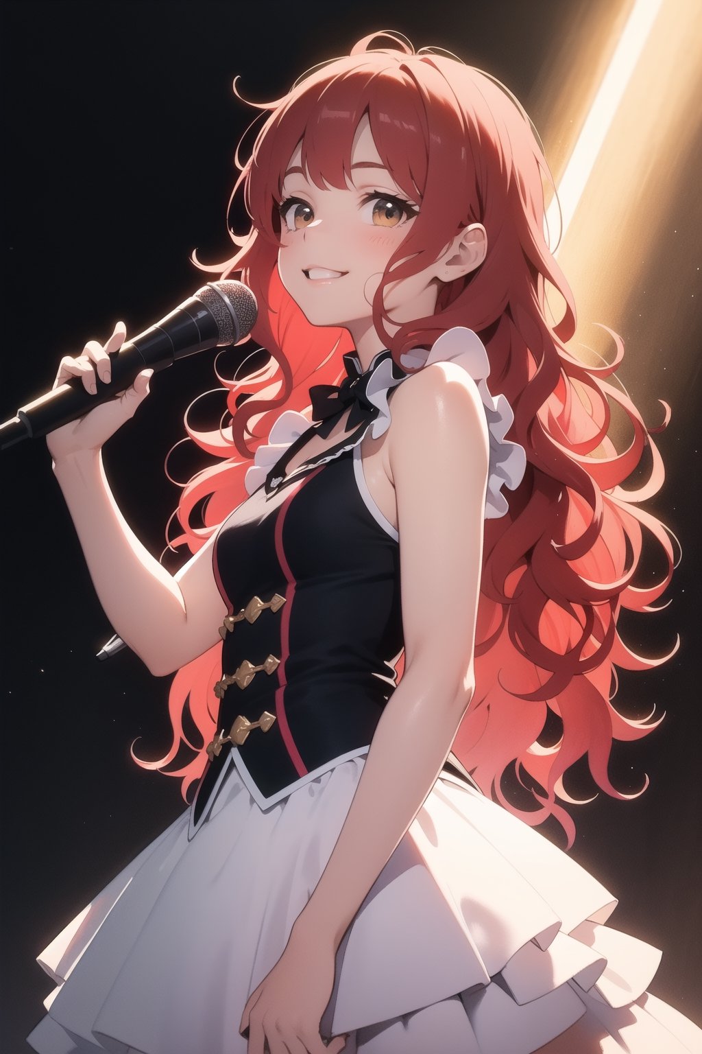 (watercolor(medium):1.15),traditional media,(masterpiece:1.5), ultra detailed,high quality idol wear,(wavy light red hair 12yo girl:1.6),((tiny,very cutie smile,cheek)),from below,(wide shot:1.3),

,BREAK,

live stage
