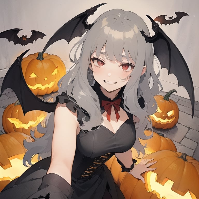 (gray art line:1.6),(watercolor(medium):1.15),traditional media,nostalgic,(gray wavy hair 22yo girl:1.3),(vampire costume,flying lots of bat and pumpkin:1.5),((focus face)),grin,(tired face:1.3),from below