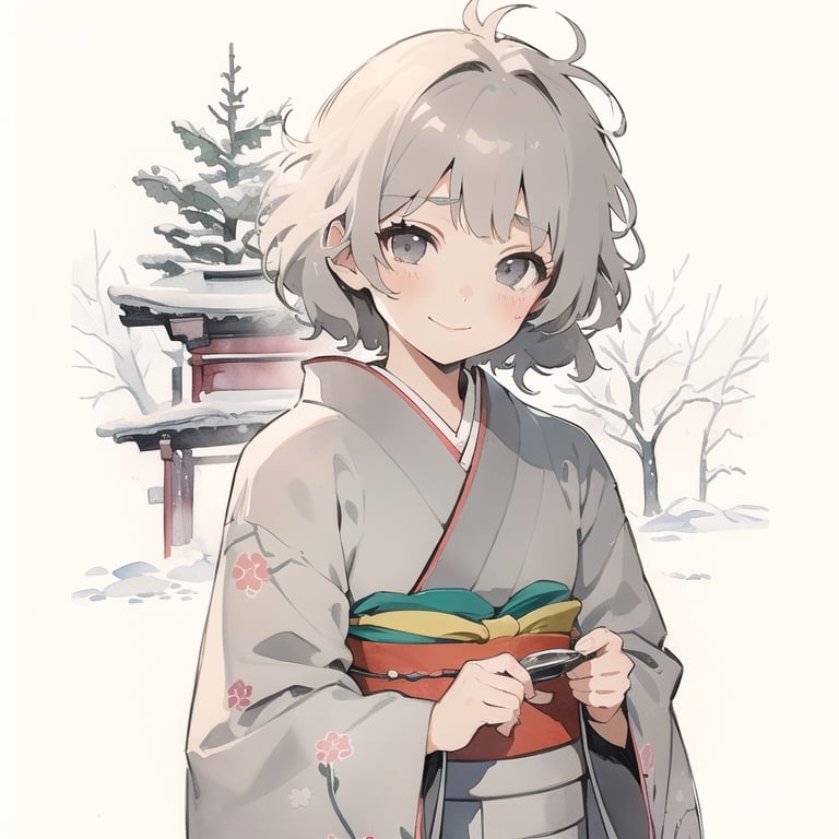 (gray art line:1.6),  (watercolor(medium):1.15),  traditional media,  nostalgic,  (morning,very cold winter,shrine ,  karuizawa:1.3), 
(gray medium messy hair 10yo girl,beautiful kimono:1.6),(happiness smile,tired:1.4)