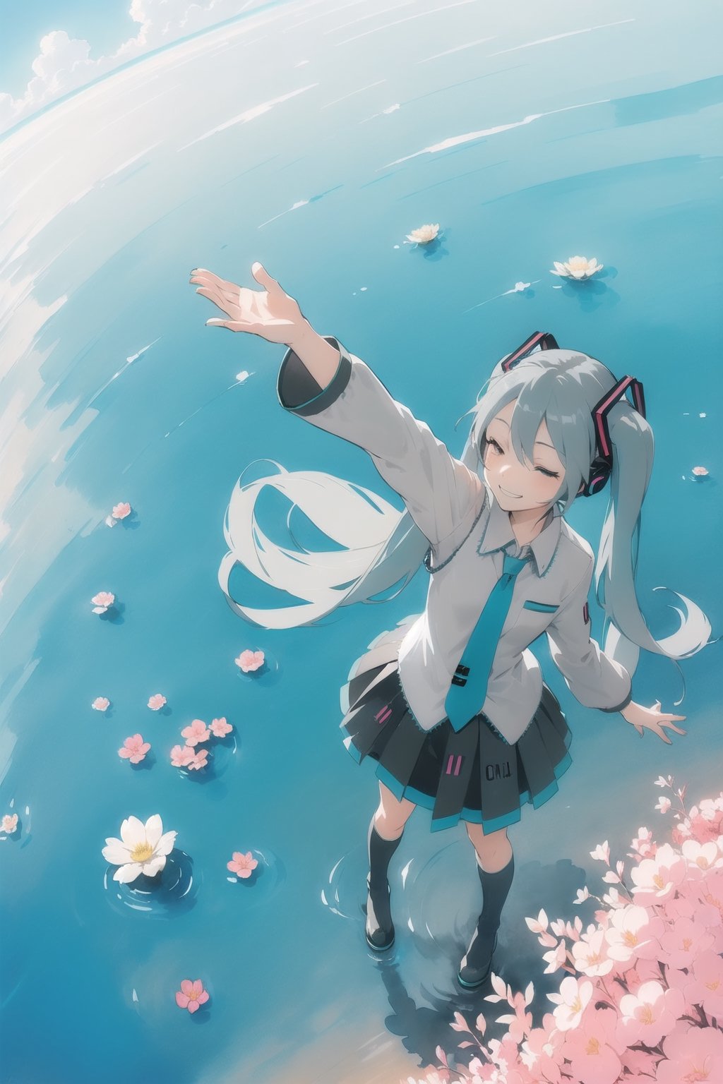 (gray art line:1.6),  (watercolor(medium):1.15),  traditional media,  nostalgic,(no back ground,hatsune miku,tired,smile:1.3),(flying sky,from above,reaching out,bloom,shiny,glowing:1.4)