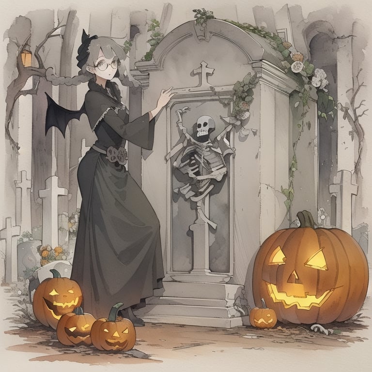 (gray art line:1.6),(watercolor(medium):1.15),traditional media,nostalgic,(gray twin braid hair 22yo girl,glasses:1.35),(which costume,bat and pumpkin:1.3),(halloween room:1.2), (cemetery,tomb:1.6)( skeletons:1.5), (dancing:1.5), (lich:1.5),