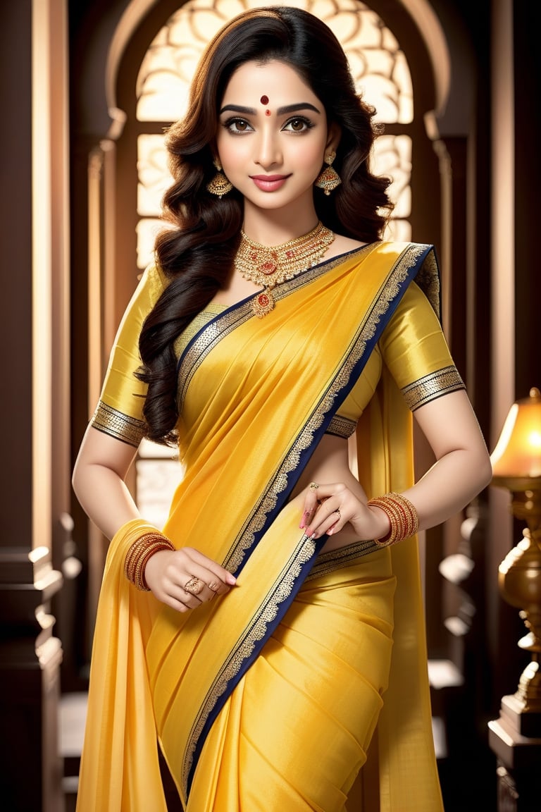 Tamanna, perfect eyes, photo of a indian standing in wedding, romantic, ((( girl wearing yellow saree))), Saree, realistic, blouse, petticoat, SAM YANG