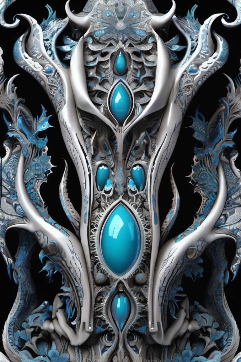 illustration on black background. fractal bone carving, water creature figurine, with dynamic and vibrant designs, edgy and modern, layering, deep shadows, intricate detailed, silvers, blues, grays, teals, trending on artstation, sharp focus, studio photo, intricate details, highly detailed, trending on artstation, sharp focus, studio photo, intricate details, highly detailed, symmetry, by aruffo3