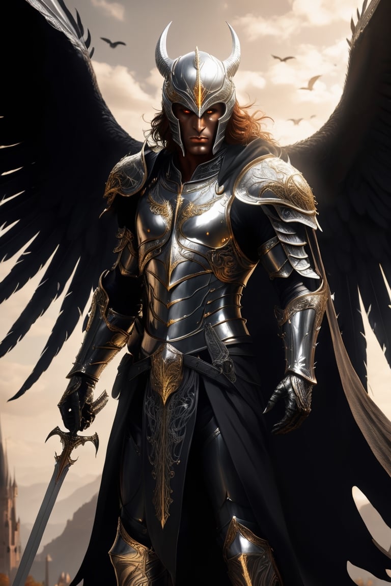 frightening demon warrior, horror, perfect taloned hands, auburn hair, perfect silver eyes, symmetry, perfect wing placement, perfect large black raven wings, finely detailed silver armor, full helmet with a closed full face visor, intricate filigree gold metal design, black leather Gambeson, golden ratio, brown, red, gold, cinematic lighting, hyper detailed 8k, unreal engine, octane render, trending on artstation, black and white, comic style