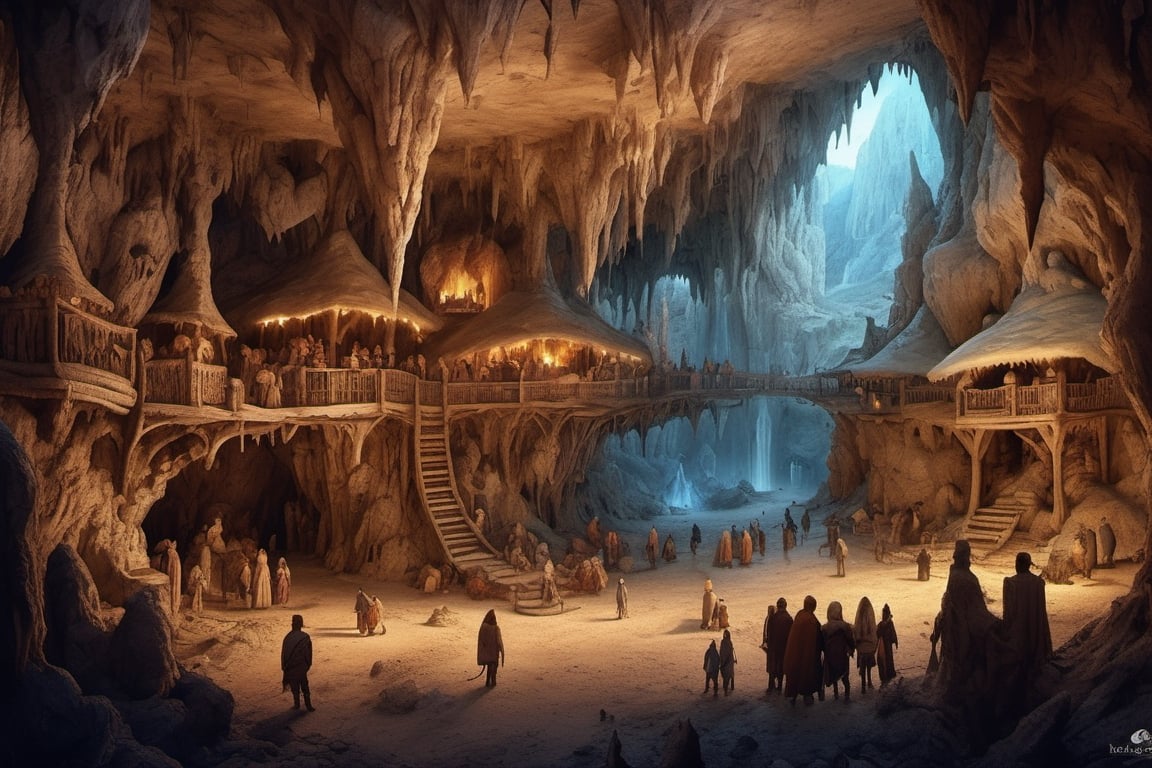 wide angle view of a bustling fantasy market square in a large cavern by jeff darrow and moebius, earth and pastel colors, dramatic perspective, highly detailed, ultra realistic, masterpiece, 4 k, 8 k, in the style of Tolkiens middle earth, highly detailed, photorealistic, digital art, matte painting, hd illustration, trending on artstation, by aruffo3