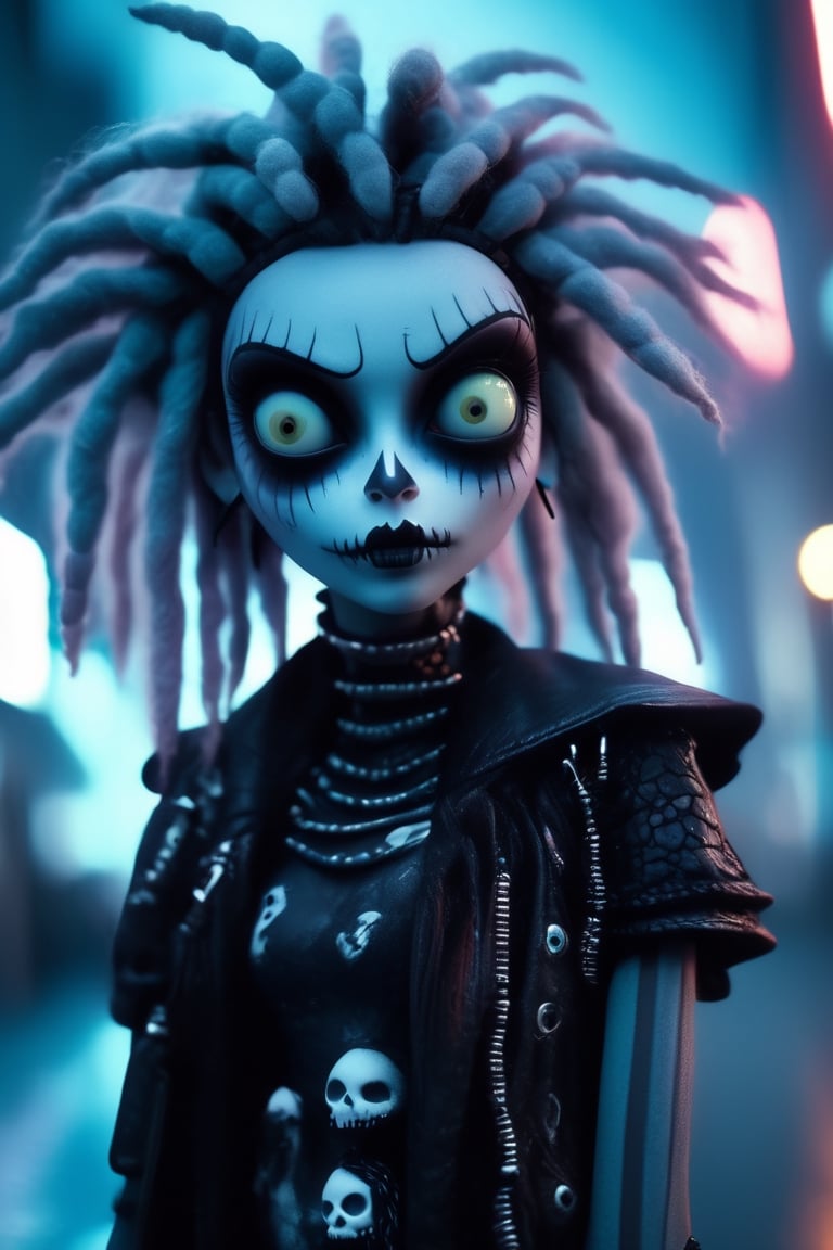 wide angle upper body shot of a malicious Necropunk girl at midnight, futuristic streets of tokyo in the style of tim burton, vivid colors, grimdark theme, goth, dreadlocks, cinematic film still. shallow depth of field, vignette, highly detailed, high budget, cinemascope, moody, epic, gorgeous, film grain, grainy, breathtaking. award-winning, professional, divine ratio, symmetrical face, highly detailed professional photo, by aruffo3