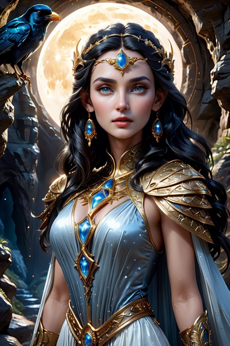 upper body shot of an elder ancient celestial elven Queen standing at the entrance of an ancient cave.
Wearing an intricate gold Gambeson over a translucent white gown, with raven black hair that shines like the stars, almond-shaped eyes that glimmer like the moon, petite and graceful, smooth soft pale skin, she is the master of Elemental Light and possesses the power to create new life from the very essence of the universe, perfect face, perfect blue almond shaped eyes, perfect mouth, perfect nose, unreal engine 5, by luis royo, by Alphonse Mucha, high detailed face, looking at the camera, Sci-Fi, futuristic, highly detailed, octane render, cinematic, oil painting, heavy strokes, paint dripping, by aruffo3,Renaissance Sci-Fi Fantasy