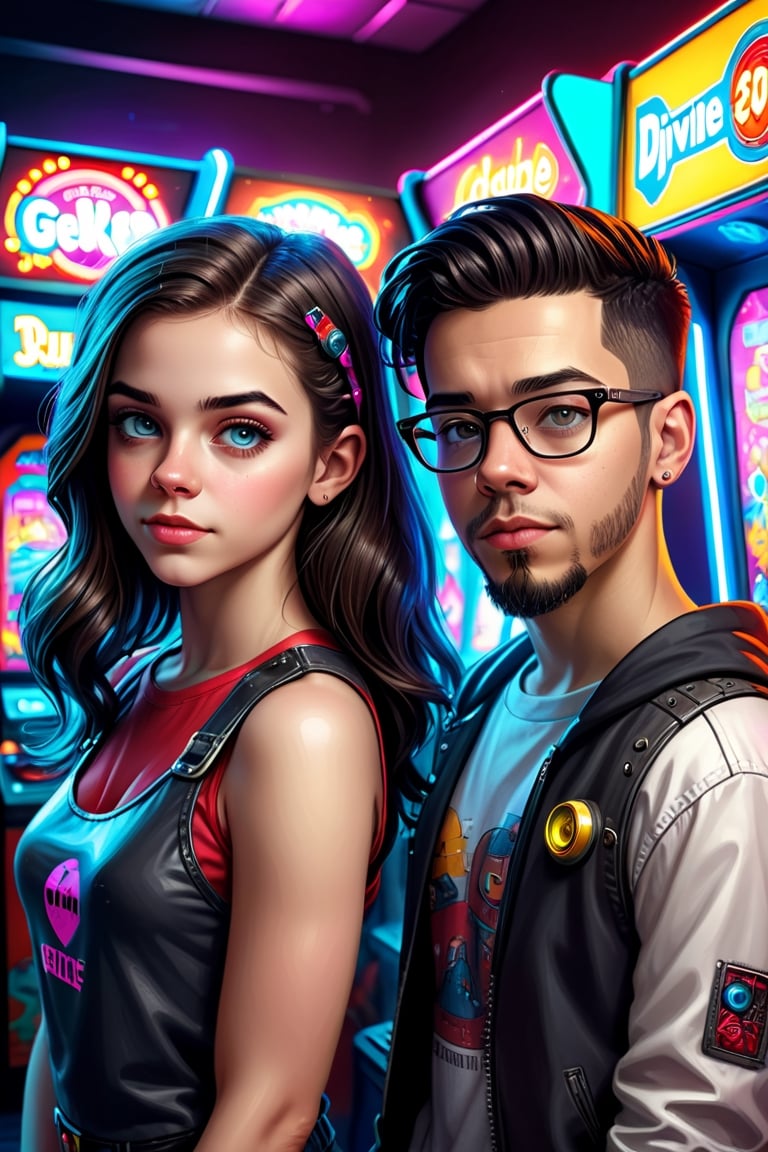 geek techie teenage girl and a cyberpunk gamer teenage boy at an arcade, by Alexander Jansson and Mike Shinoda, divine ratio, symmetry, clear skin, perfect eyes, perfect faces, 8k, fantasy art, by aruffo3
