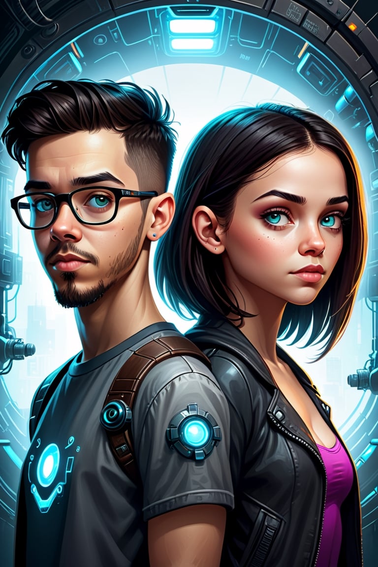 geek techie teenage girl and a cyberpunk gamer teenage boy. by Alexander Jansson and Mike Shinoda, divine ratio, symmetry, clear skin, perfect eyes, perfect faces, 8k, fantasy art, by aruffo3,vector art illustration