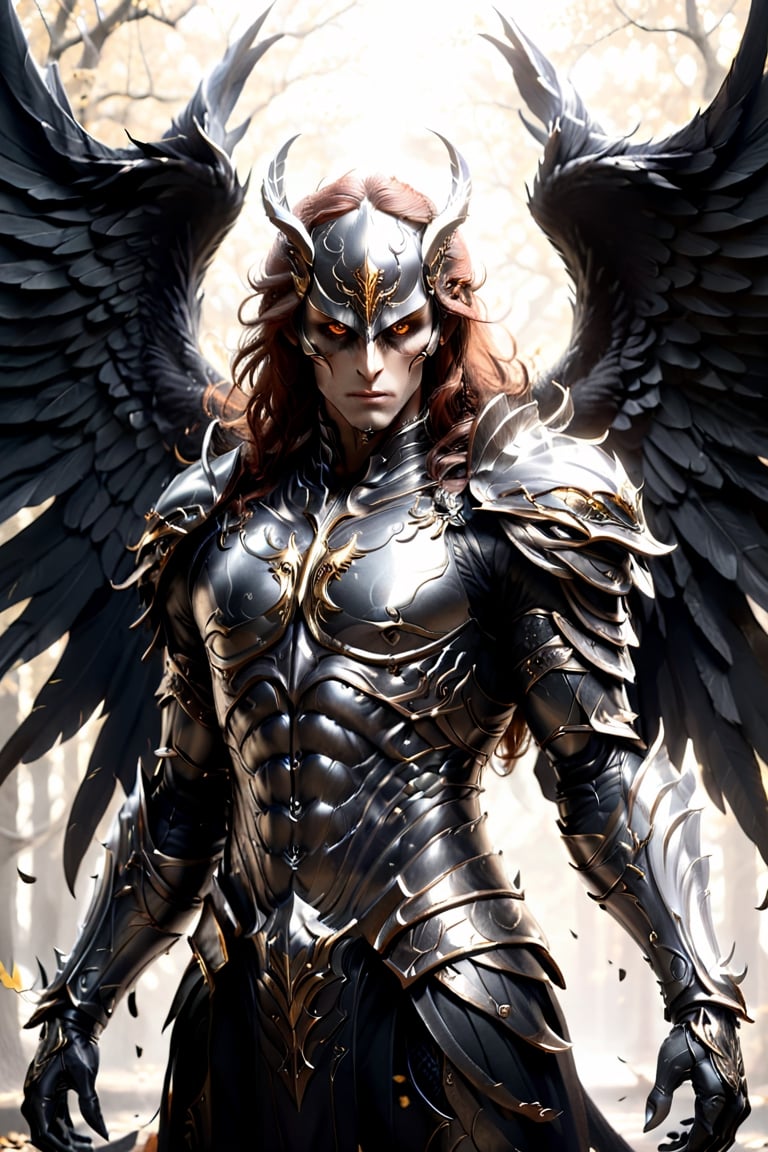 blkmndy, frightening demon warrior, horror, perfect taloned hands, auburn hair, perfect silver eyes, symmetry, perfect wing placement, perfect large black raven wings, finely detailed silver armor, full helmet with a closed full face visor, intricate filigree gold metal design, black leather Gambeson, golden ratio, brown, red, gold, cinematic lighting, hyper detailed 8k, unreal engine, octane render, trending on artstation, black and white, comic style