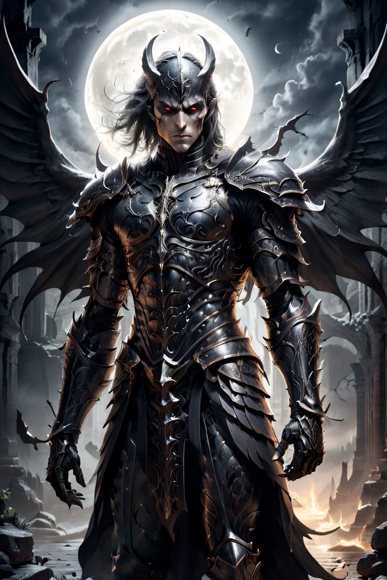 highly detailed portrait, aggressive posture, malevolent, ethereal, Demonic Warrior Knight, symmetry, no eyes, intricately detailed black plate armor over black gambeson and breeches, directed moonlight, natural lighting on right, accent lighting on right, ancient ruins in background, by H. P. Lovecraft, H. R. Giger, black and white, comic style,AngelicStyle