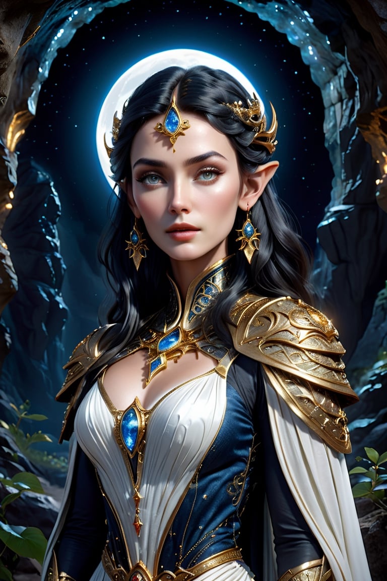 upper body shot of an elder ancient celestial elven Queen standing at the entrance of an ancient cave.
Wearing an intricate gold Gambeson over a translucent white gown, with raven black hair that shines like the stars, almond-shaped eyes that glimmer like the moon, petite and graceful, smooth soft pale skin, she is the master of Elemental Light and possesses the power to create new life from the very essence of the universe, perfect face, perfect blue almond shaped eyes, perfect mouth, perfect nose, unreal engine 5, by luis royo, by Alphonse Mucha, high detailed face, looking at the camera, Sci-Fi, futuristic, highly detailed, octane render, cinematic, oil painting, heavy strokes, paint dripping, by aruffo3,Renaissance Sci-Fi Fantasy