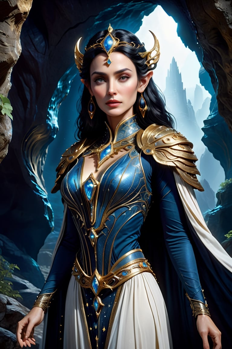 upper body shot of an elder ancient celestial elven Queen standing at the entrance of an ancient cave. 40 years old. Wise, intelligent, strong.
Wearing an intricate gold Gambeson over a translucent white gown, with raven black hair that shines like the stars, perfect blue almond-shaped eyes, petite and graceful, smooth soft pale skin, she is the master of Light and essence in the universe, unreal engine 5, by luis royo, by Alphonse Mucha, high detailed face, looking at the camera, Sci-Fi, futuristic, highly detailed, octane render, cinematic, oil painting, heavy strokes, paint dripping, by aruffo3,Renaissance Sci-Fi Fantasy