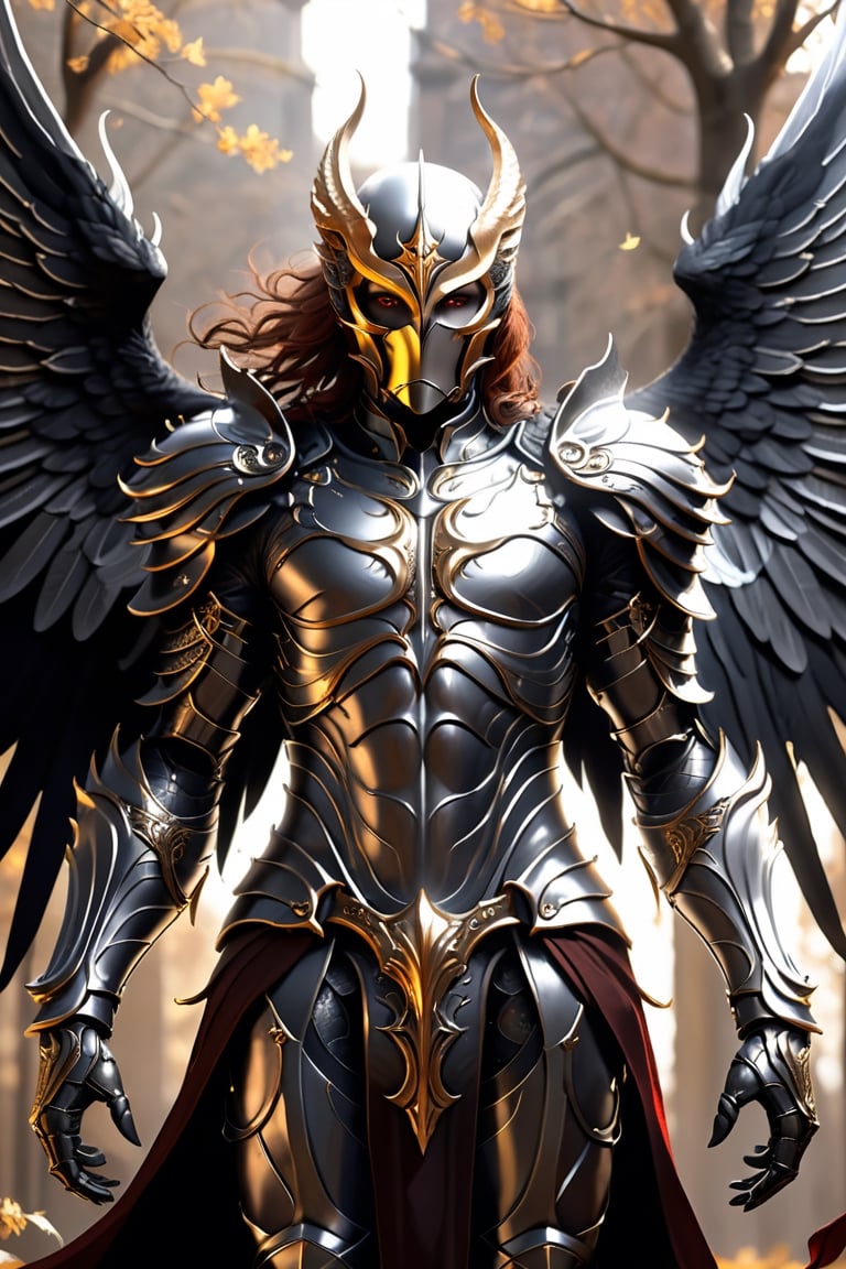 frightening demon warrior, horror, perfect taloned hands, auburn hair, perfect silver eyes, symmetry, perfect wing placement, perfect large black raven wings, finely detailed silver armor, full helmet with a closed full face visor, intricate filigree gold metal design, black leather Gambeson, golden ratio, brown, red, gold, cinematic lighting, hyper detailed 8k, unreal engine, octane render, trending on artstation, black and white, comic style